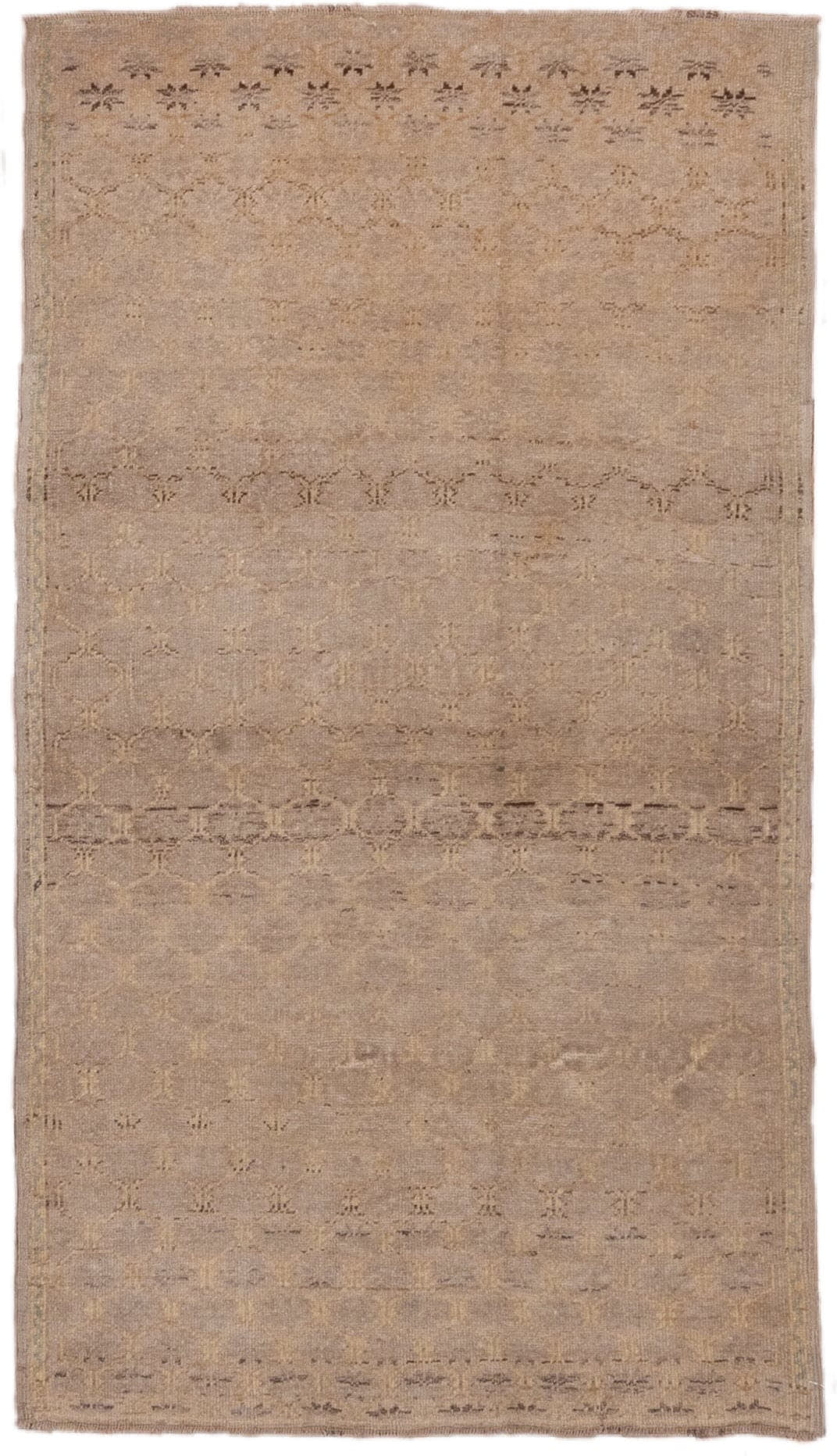 3' x 5' one-of-a-kind handmade vintage Oushak small size rug. Color palette: taupe, beige, camel, ivory, brown, gray