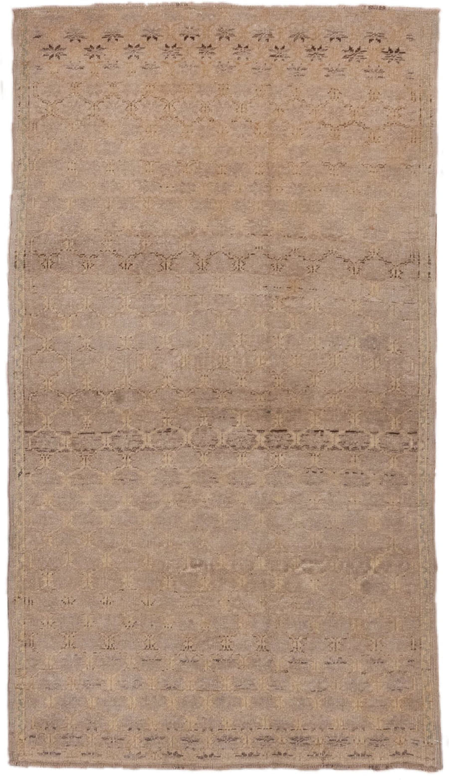 3' x 5' one-of-a-kind handmade vintage Oushak small size rug. Color palette: taupe, beige, camel, ivory, brown, gray