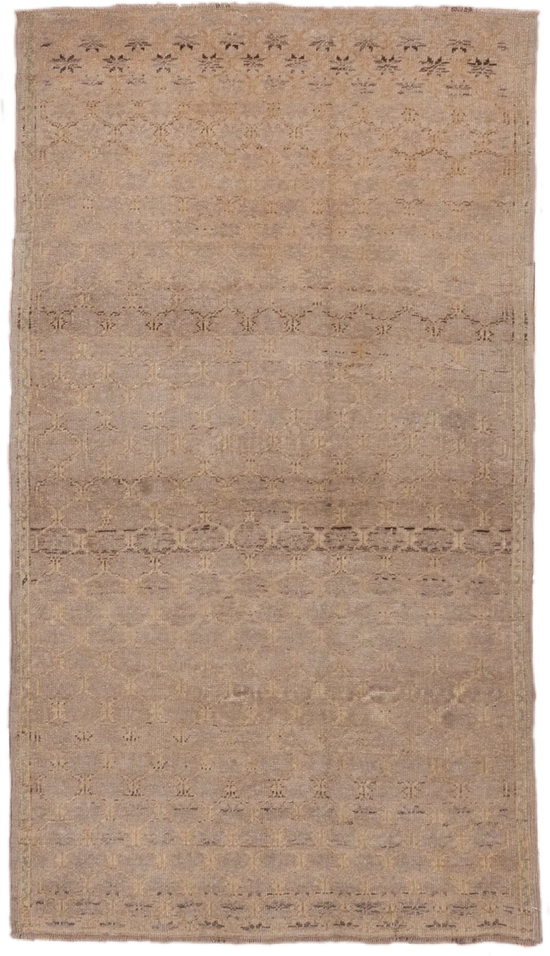 3' x 5' one-of-a-kind handmade vintage Oushak small size rug. Color palette: taupe, beige, camel, ivory, brown, gray