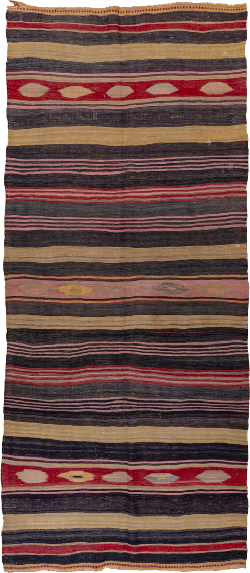 4' x 11' one-of-a-kind handmade vintage Kilim runner rug. Color palette: charcoal, rust, camel, rose, taupe, burgundy, gray