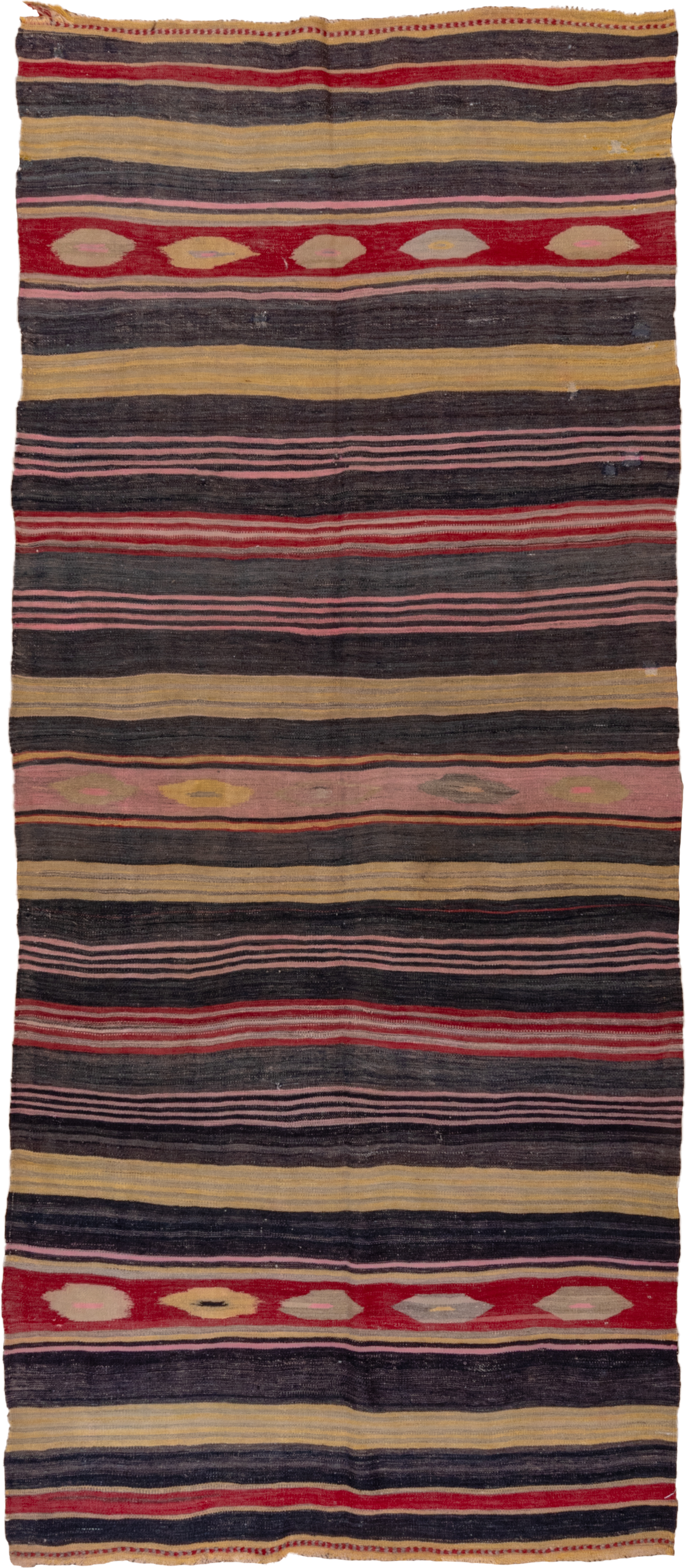4' x 11' one-of-a-kind handmade vintage Kilim runner rug. Color palette: charcoal, rust, camel, rose, taupe, burgundy, gray