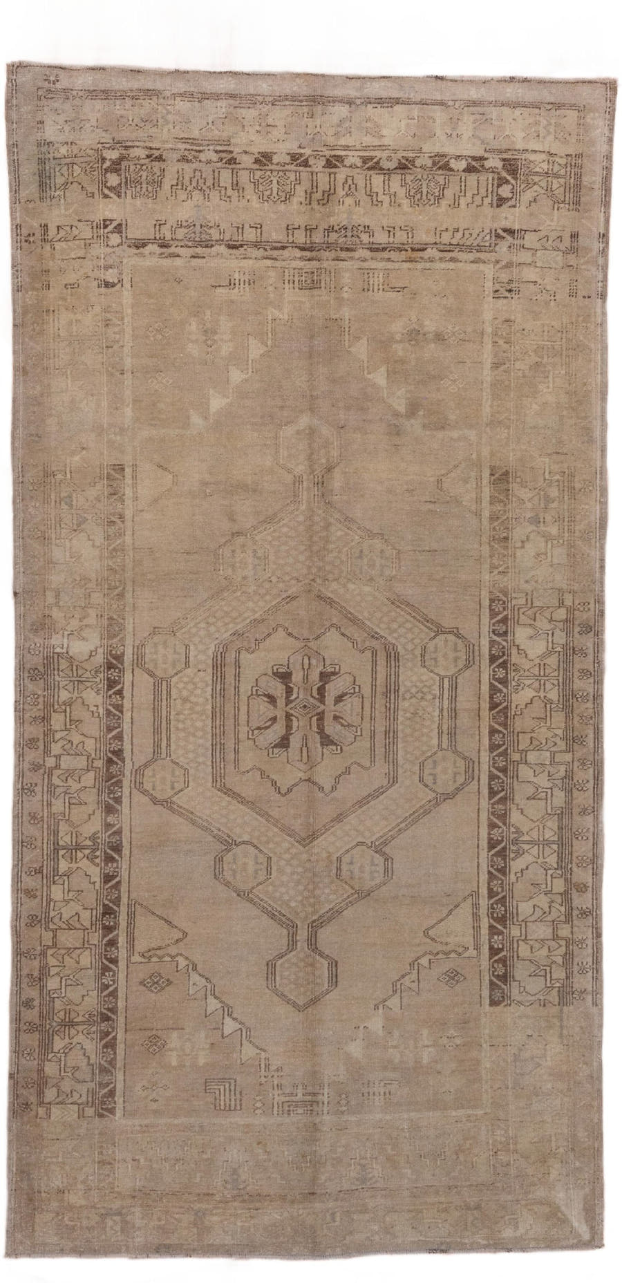 4' x 8' one-of-a-kind handmade vintage Oushak rug. Color palette: taupe, beige, camel, brown, ivory, gray
