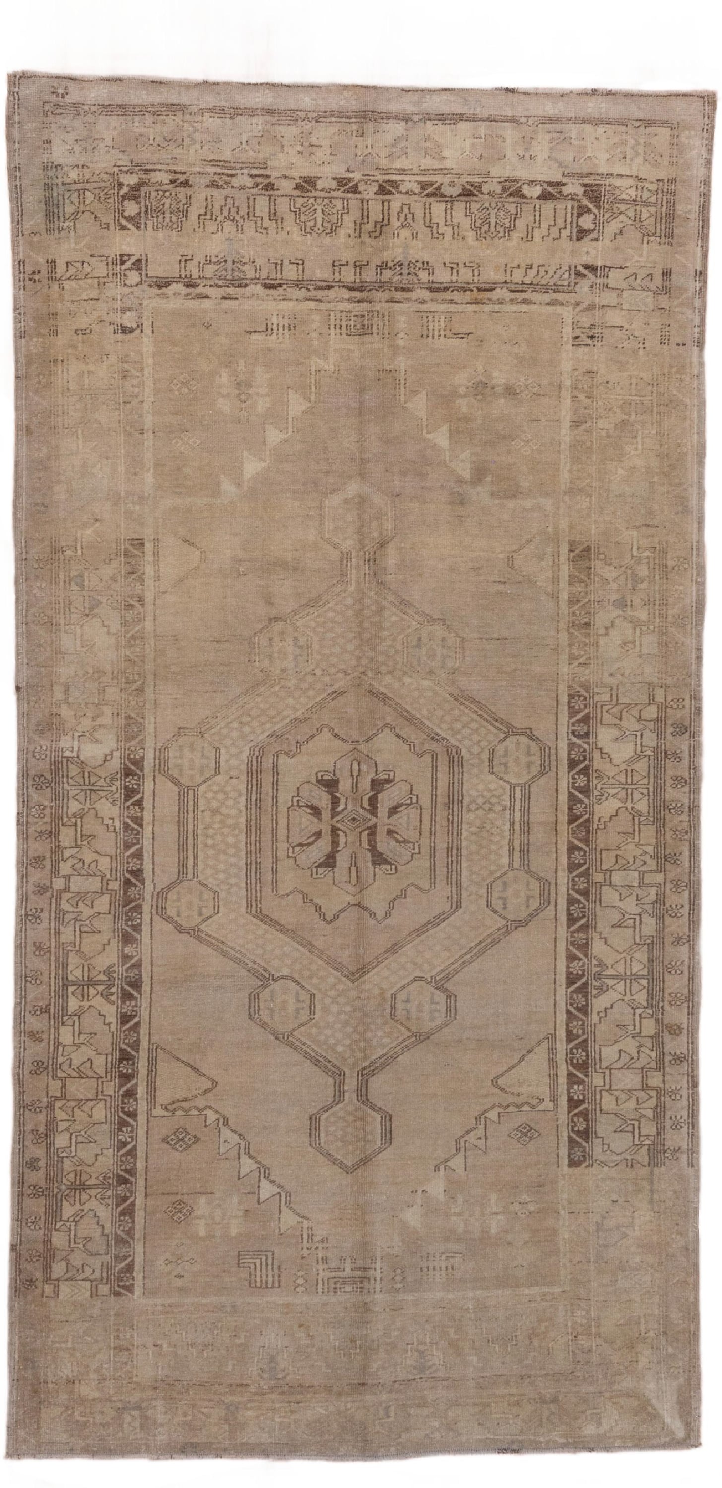 4' x 8' one-of-a-kind handmade vintage Oushak rug. Color palette: taupe, beige, camel, brown, ivory, gray