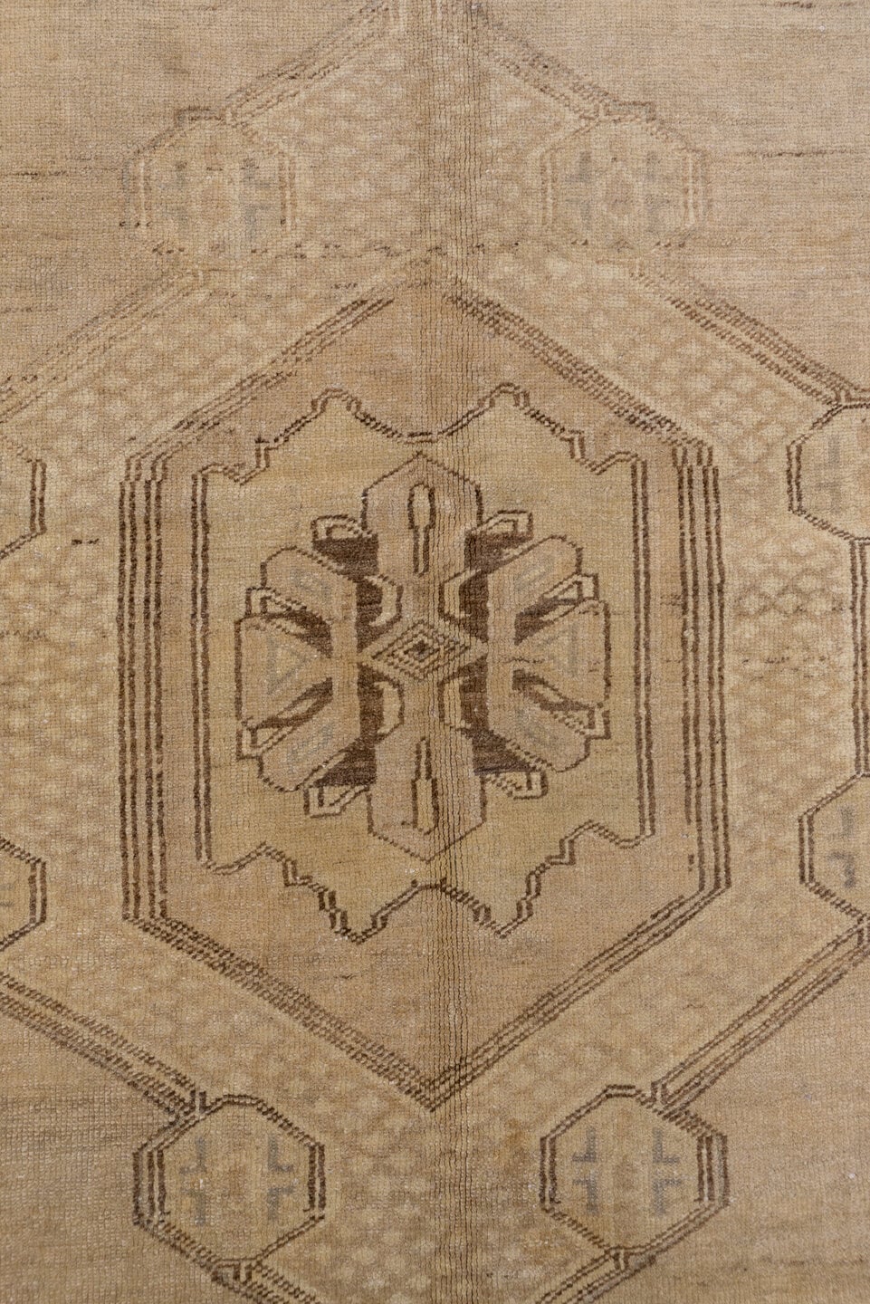4' x 8' one-of-a-kind handmade vintage Oushak rug. Color palette: taupe, beige, camel, brown, ivory, gray
