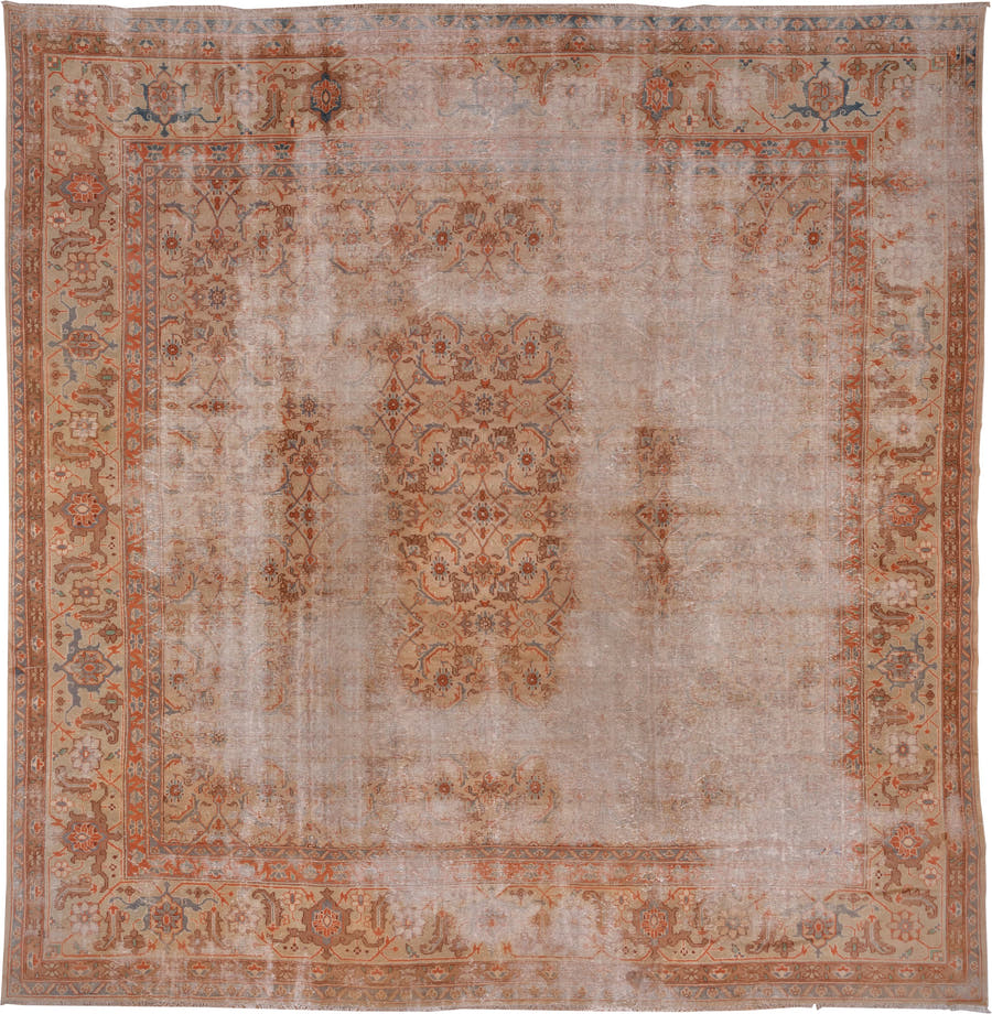 16' x 16' one-of-a-kind handmade vintage Amritzar oversize rug. Color palette: blush, terra cotta, ivory, dusty blue, taupe
