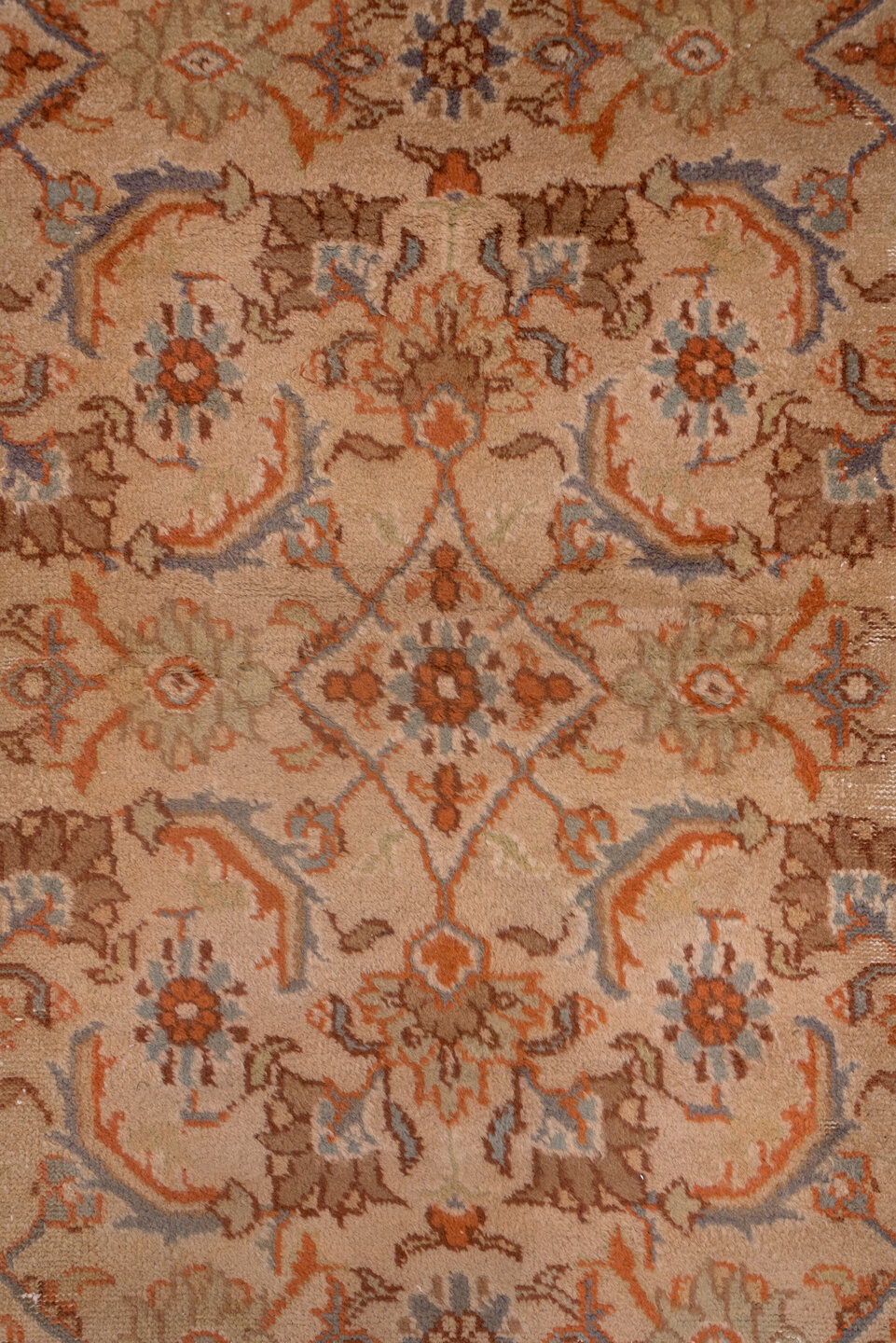16' x 16' one-of-a-kind handmade vintage Amritzar oversize rug. Color palette: blush, terra cotta, ivory, dusty blue, taupe