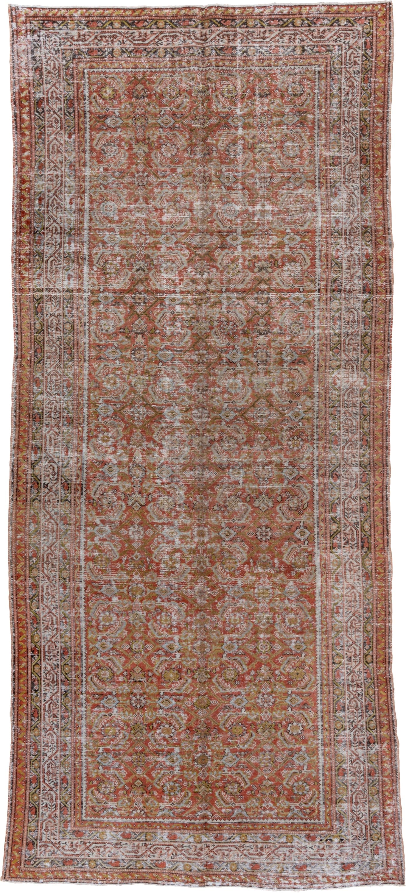 5' x 13' one-of-a-kind handmade vintage Malayer rug. Color palette: terra cotta, ivory, rust, sage, gold, taupe, brown