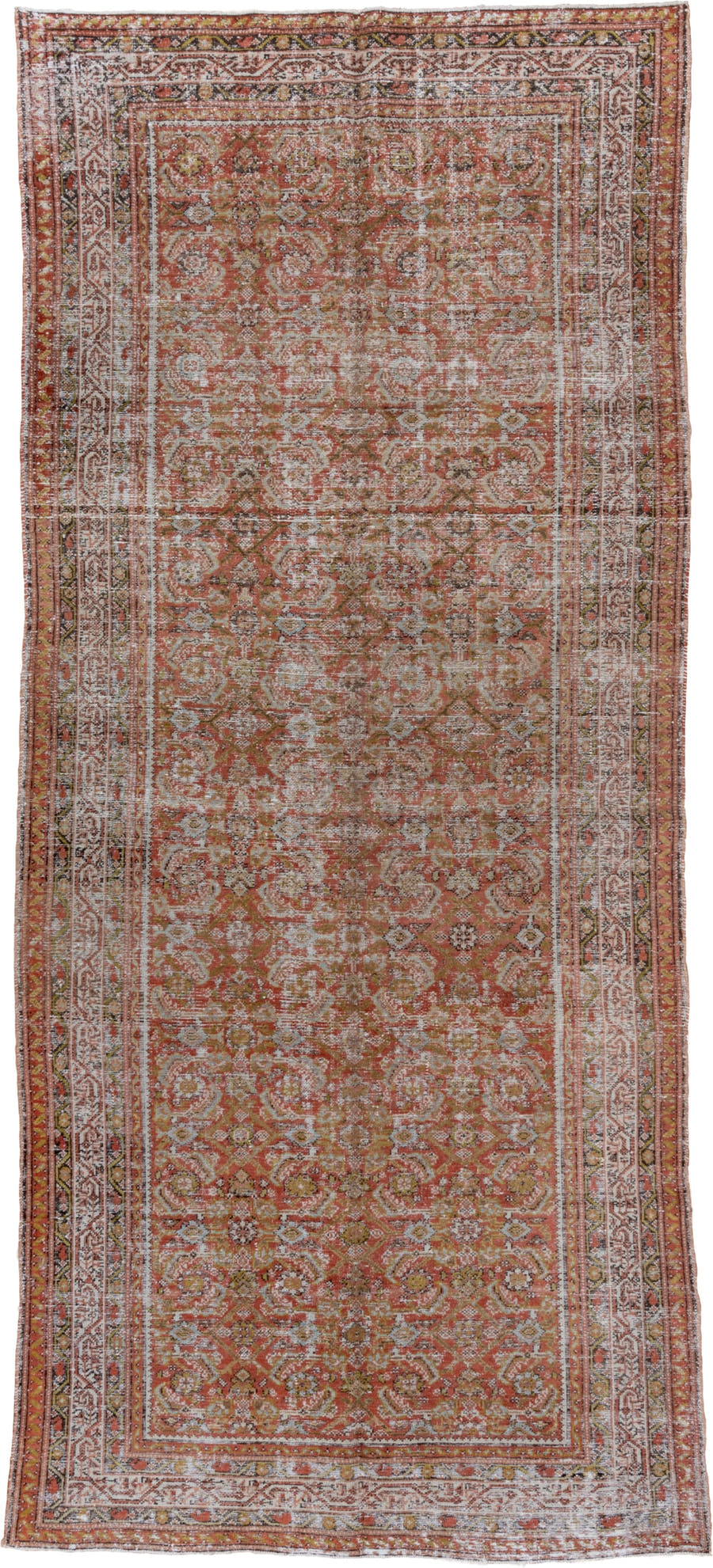 5' x 13' one-of-a-kind handmade vintage Malayer rug. Color palette: terra cotta, ivory, rust, sage, gold, taupe, brown