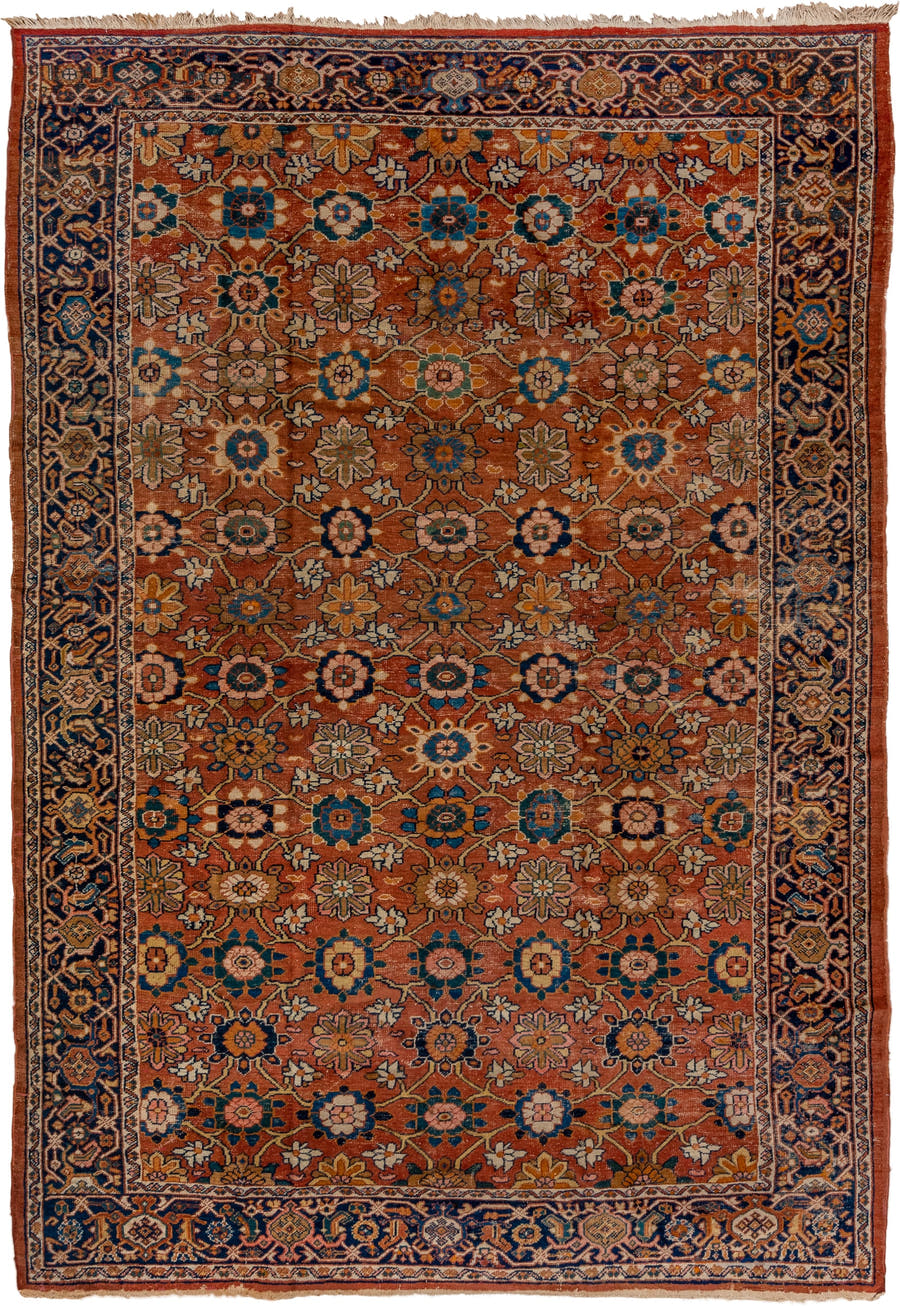 7' x 11' one-of-a-kind handmade vintage Mahal large size rug. Color palette: terra cotta, navy, ivory, sky blue, camel, gold