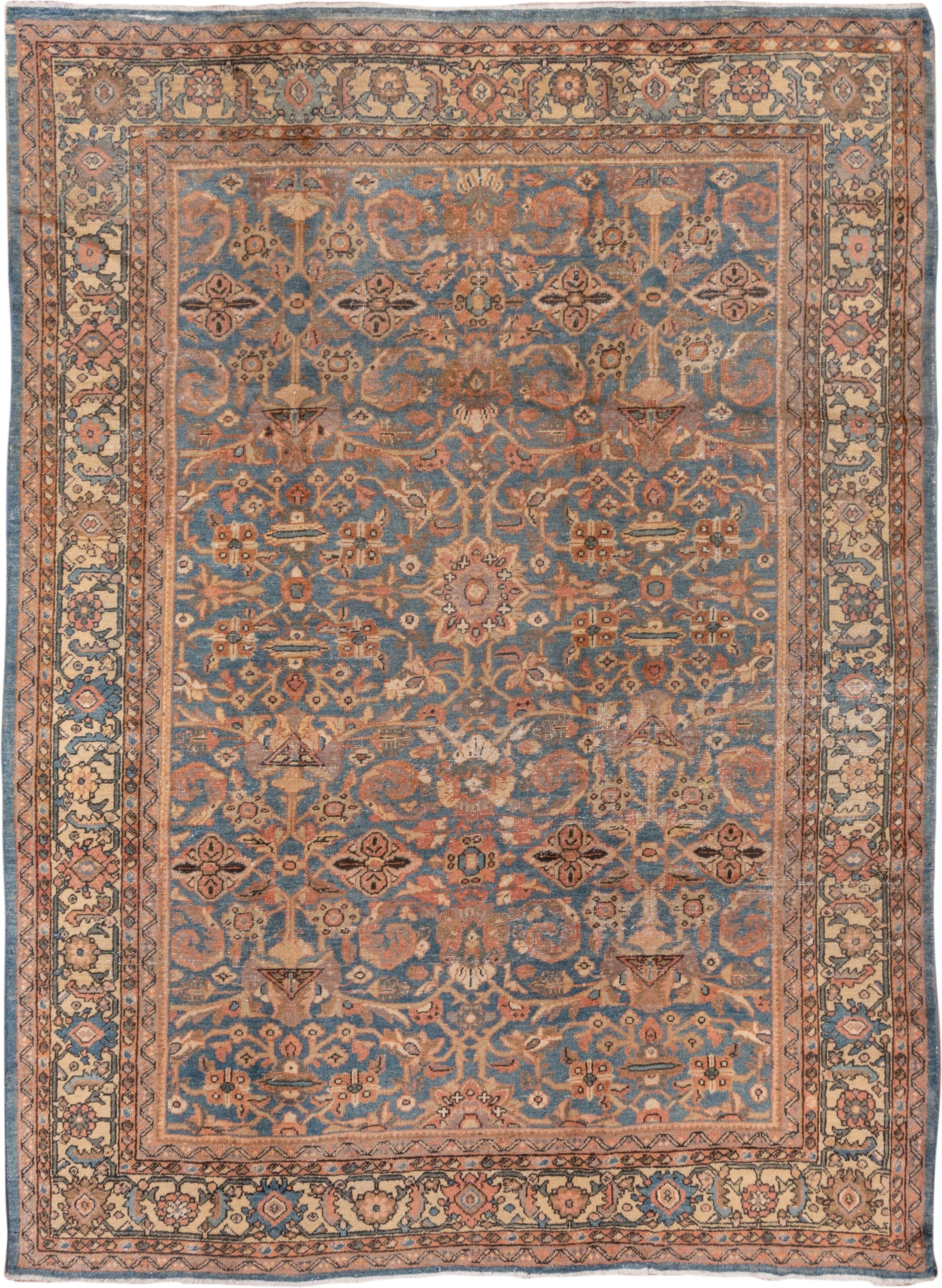 8' x 10' one-of-a-kind handmade vintage Mahal large size rug. Color palette: blue, ivory, terra cotta, taupe, rose, charcoal