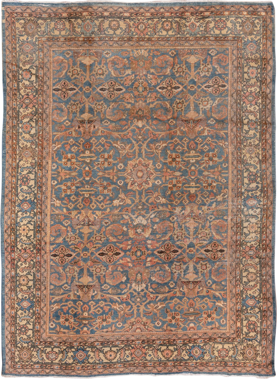 8' x 10' one-of-a-kind handmade vintage Mahal large size rug. Color palette: blue, ivory, terra cotta, taupe, rose, charcoal
