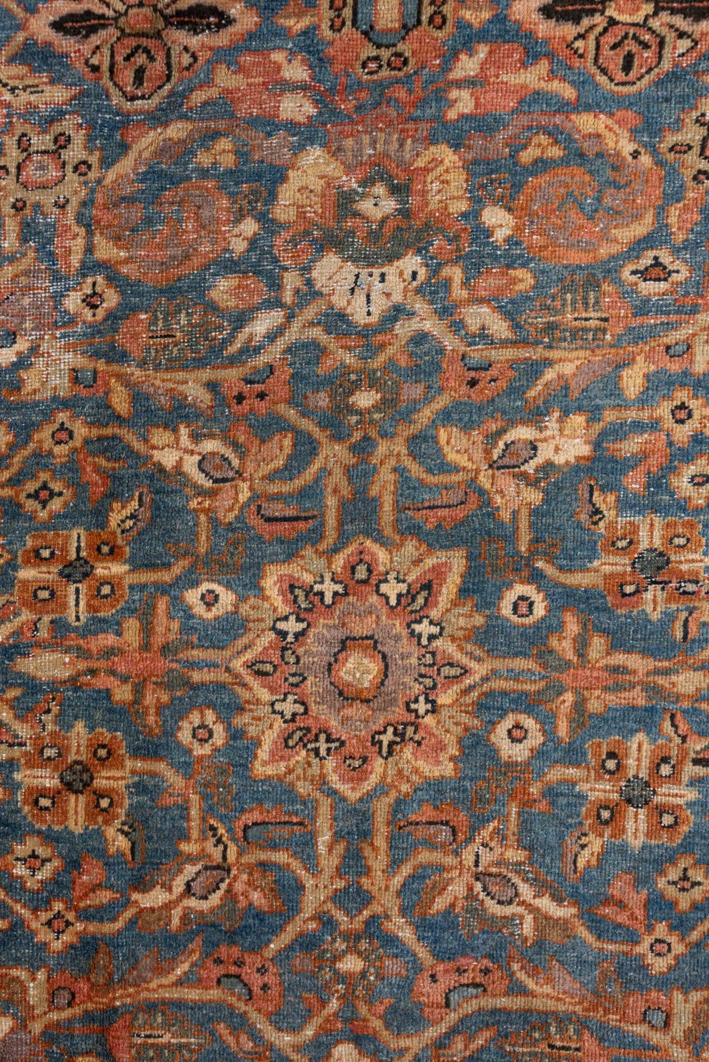 8' x 10' one-of-a-kind handmade vintage Mahal large size rug. Color palette: blue, ivory, terra cotta, taupe, rose, charcoal