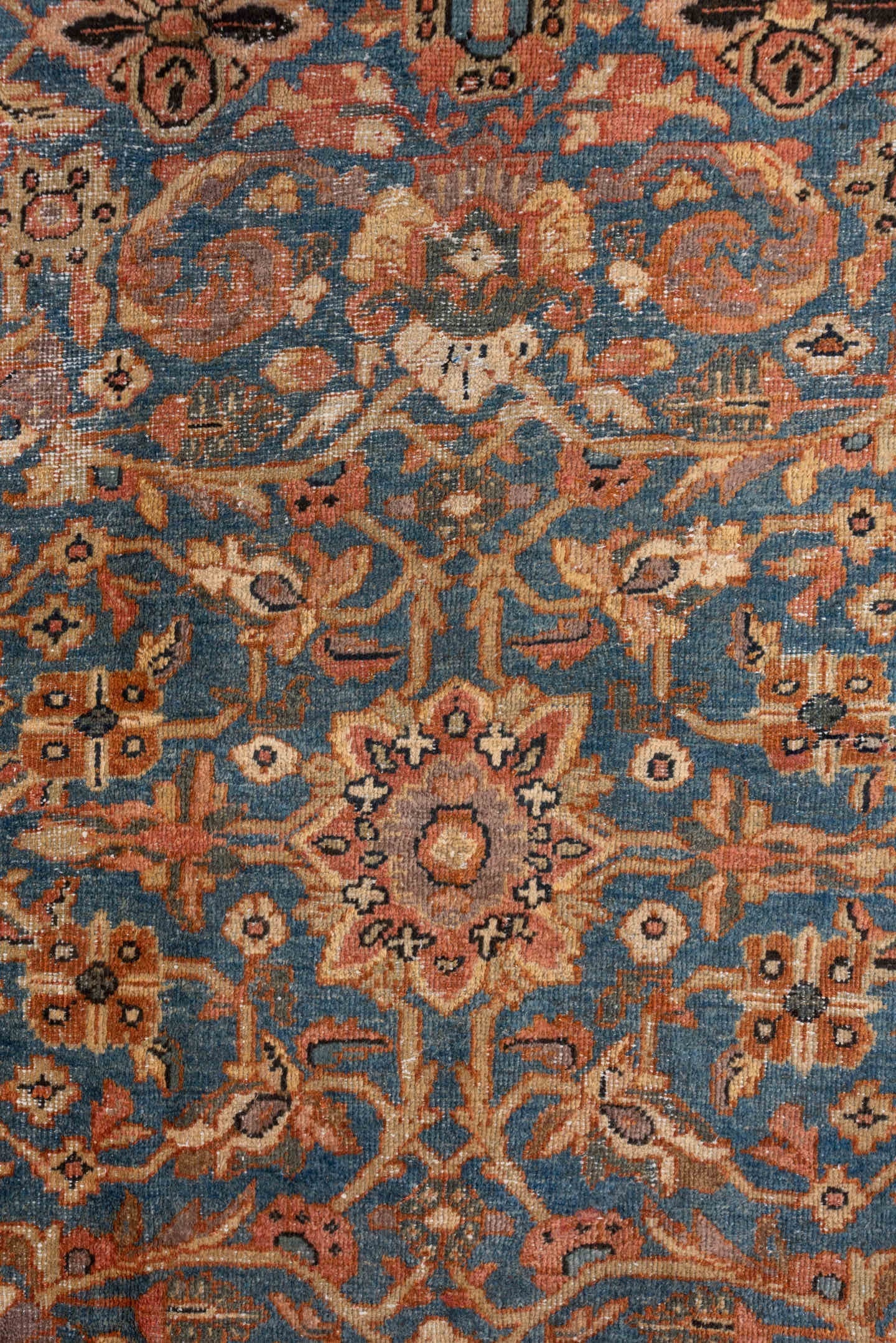 8' x 10' one-of-a-kind handmade vintage Mahal large size rug. Color palette: blue, ivory, terra cotta, taupe, rose, charcoal