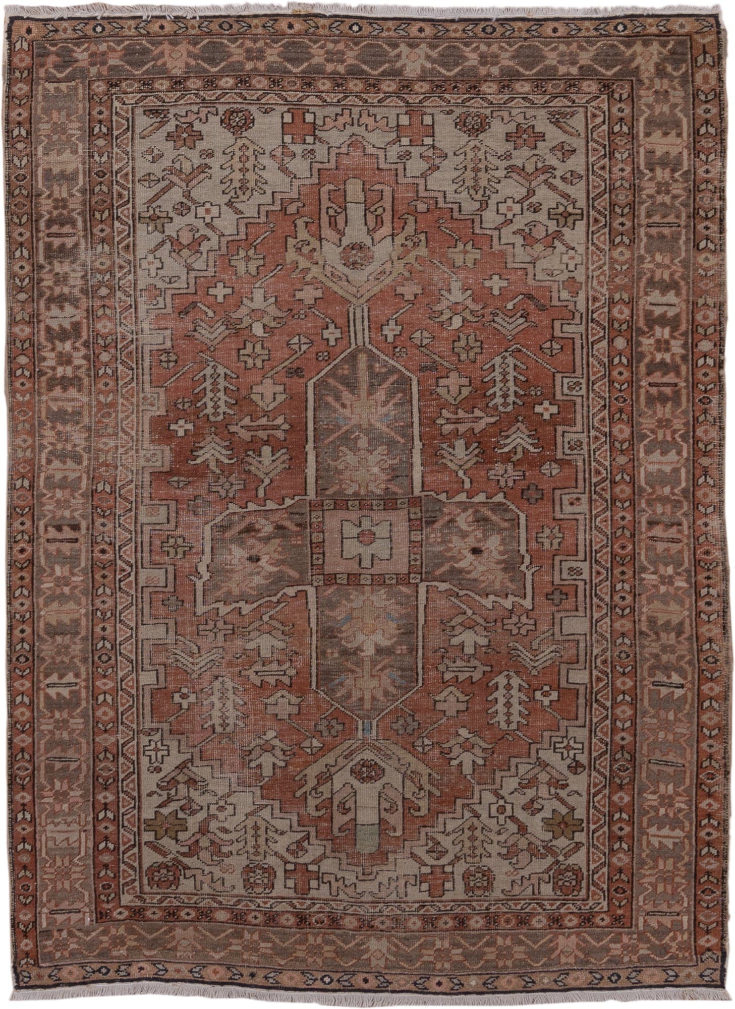 4' x 5' one-of-a-kind handmade antique Serapi small size rug. Color palette: terra cotta, taupe, brown, ivory, camel, slate