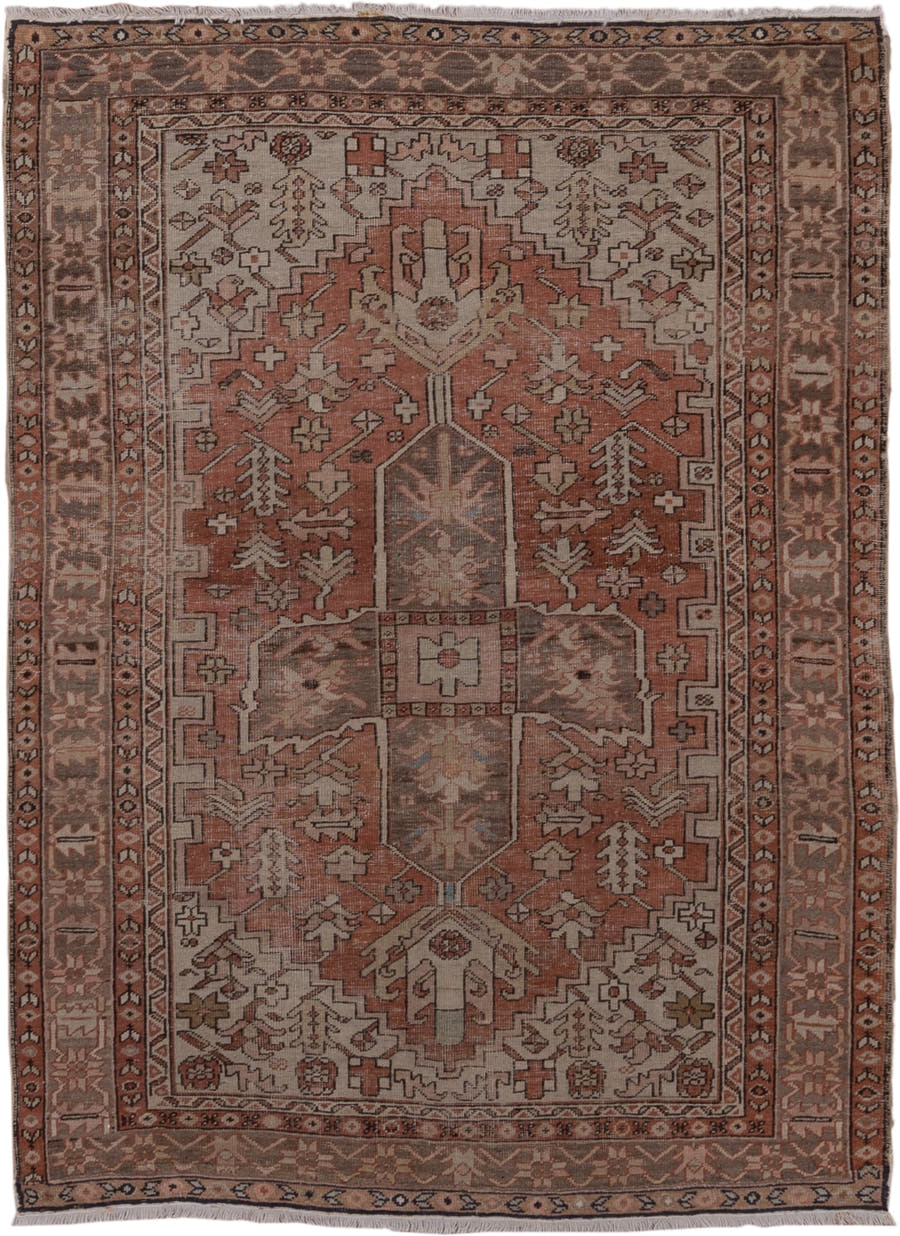 4' x 5' one-of-a-kind handmade antique Serapi small size rug. Color palette: terra cotta, taupe, brown, ivory, camel, slate