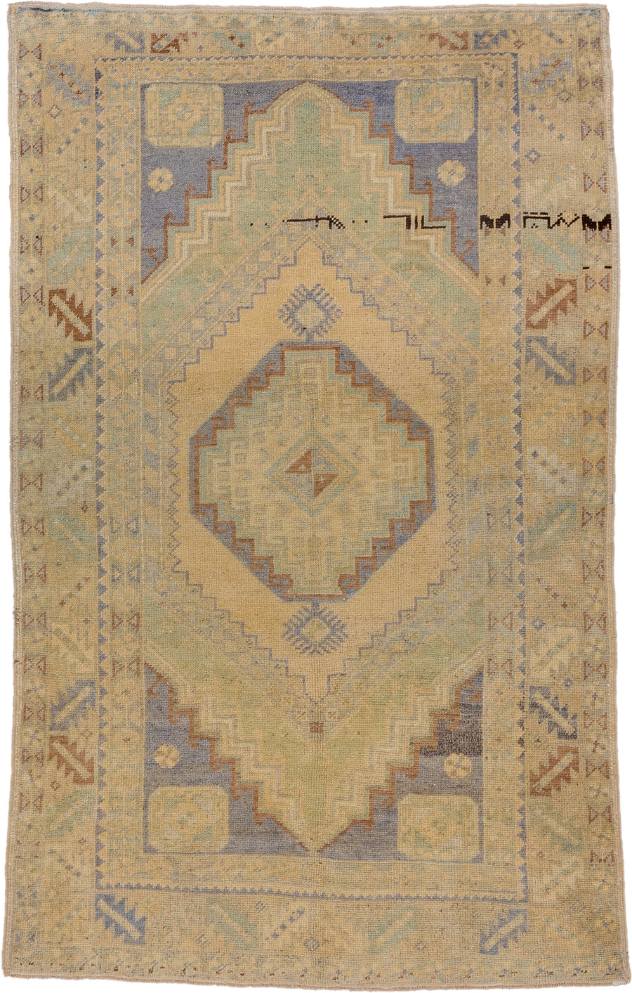 3' x 5' one-of-a-kind handmade vintage Oushak small size rug. Color palette: ivory, sage, taupe, slate, camel, rust