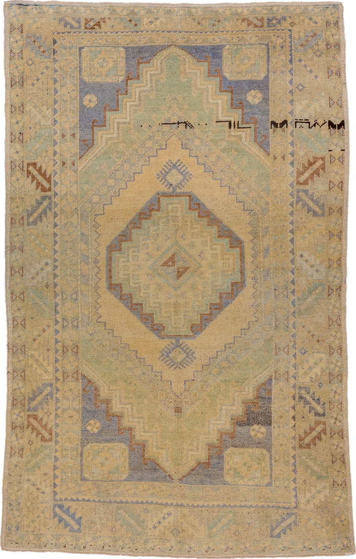 3' x 5' one-of-a-kind handmade vintage Oushak small size rug. Color palette: brown, burlywood, dim gray, gray, off-white