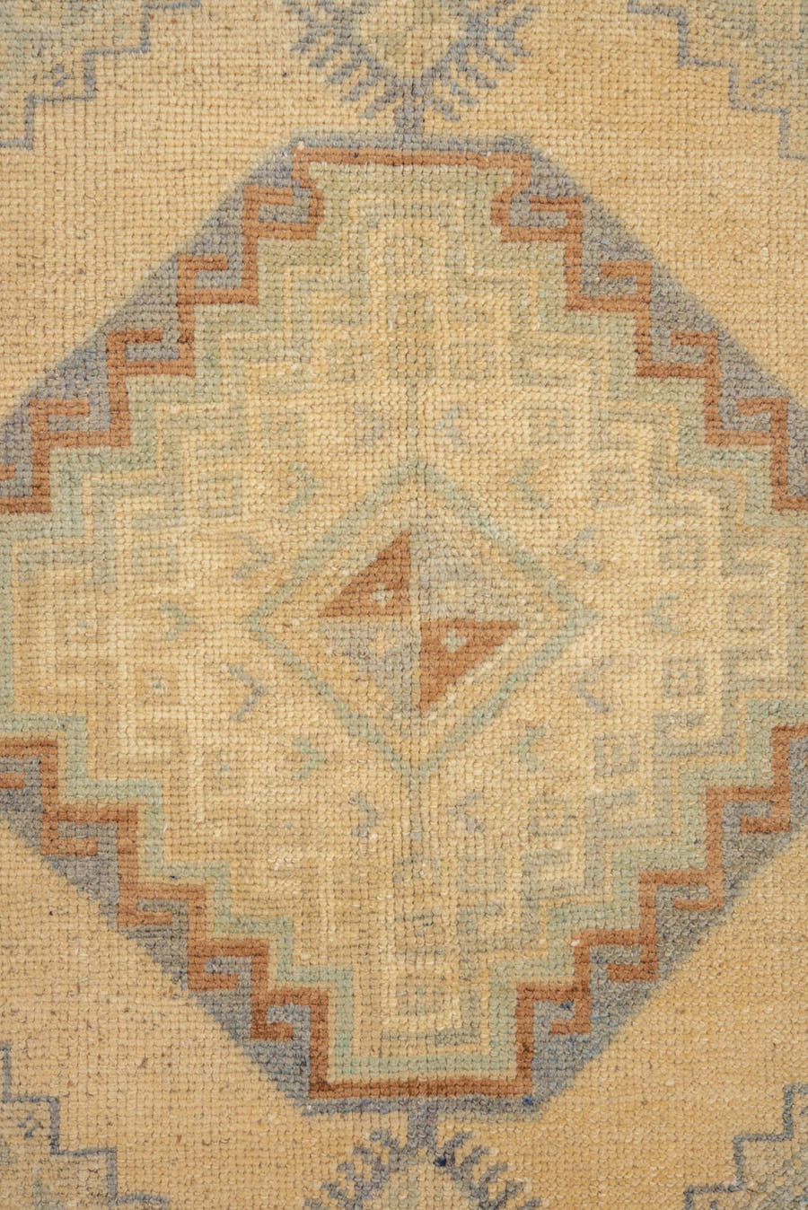 3' x 5' one-of-a-kind handmade vintage Oushak small size rug. Color palette: ivory, sage, taupe, slate, camel, rust