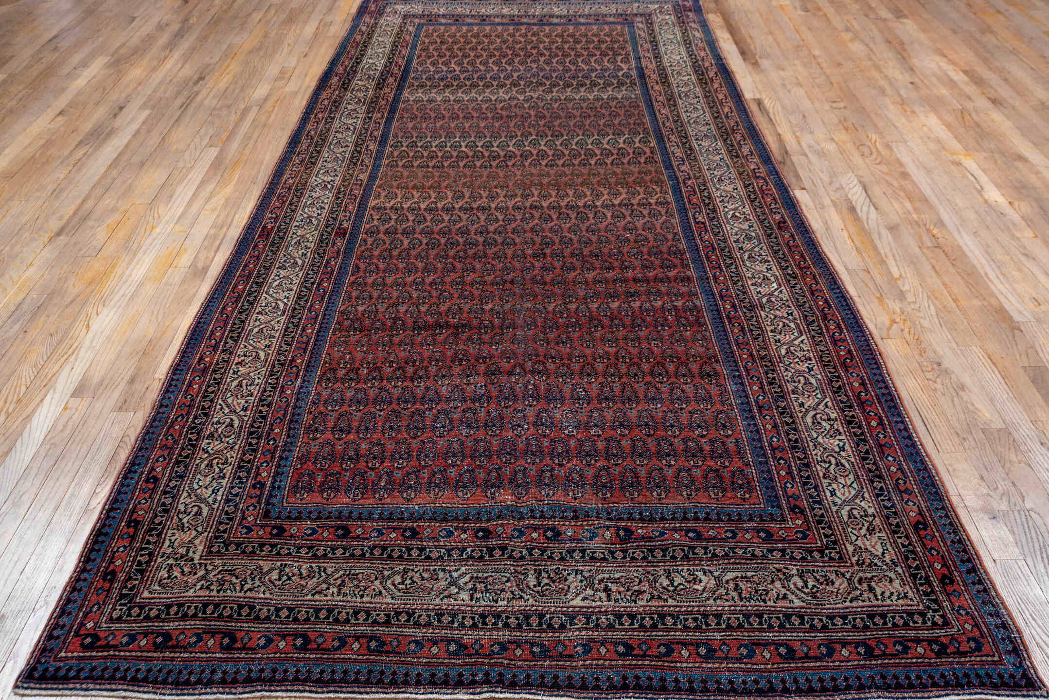 5' x 12' one-of-a-kind handmade antique Saraband rug. Color palette: rust, ivory, navy, burgundy, slate, rose, charcoal