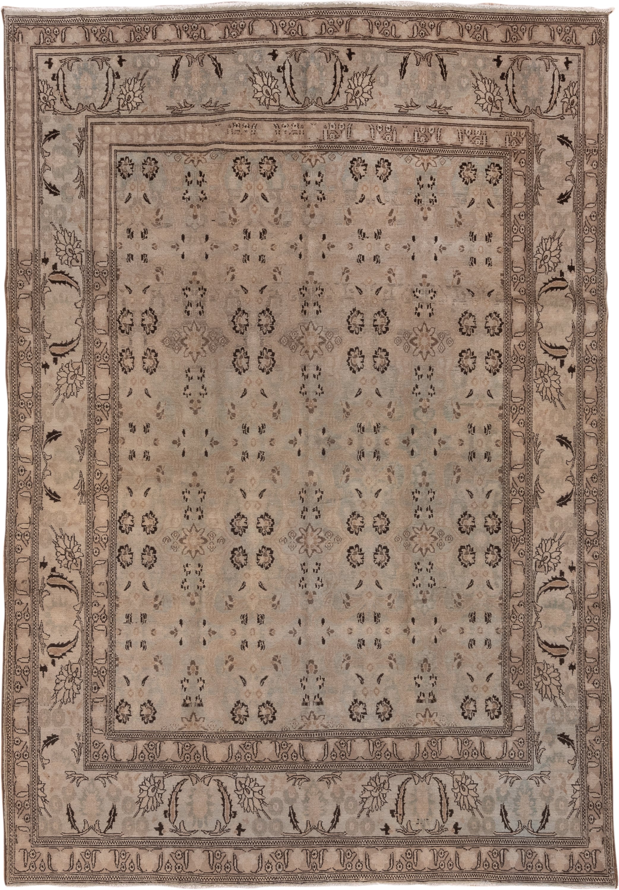 6' x 9' one-of-a-kind handmade vintage Khorassan medium size rug. Color palette: taupe, beige, brown, ivory, camel, charcoal