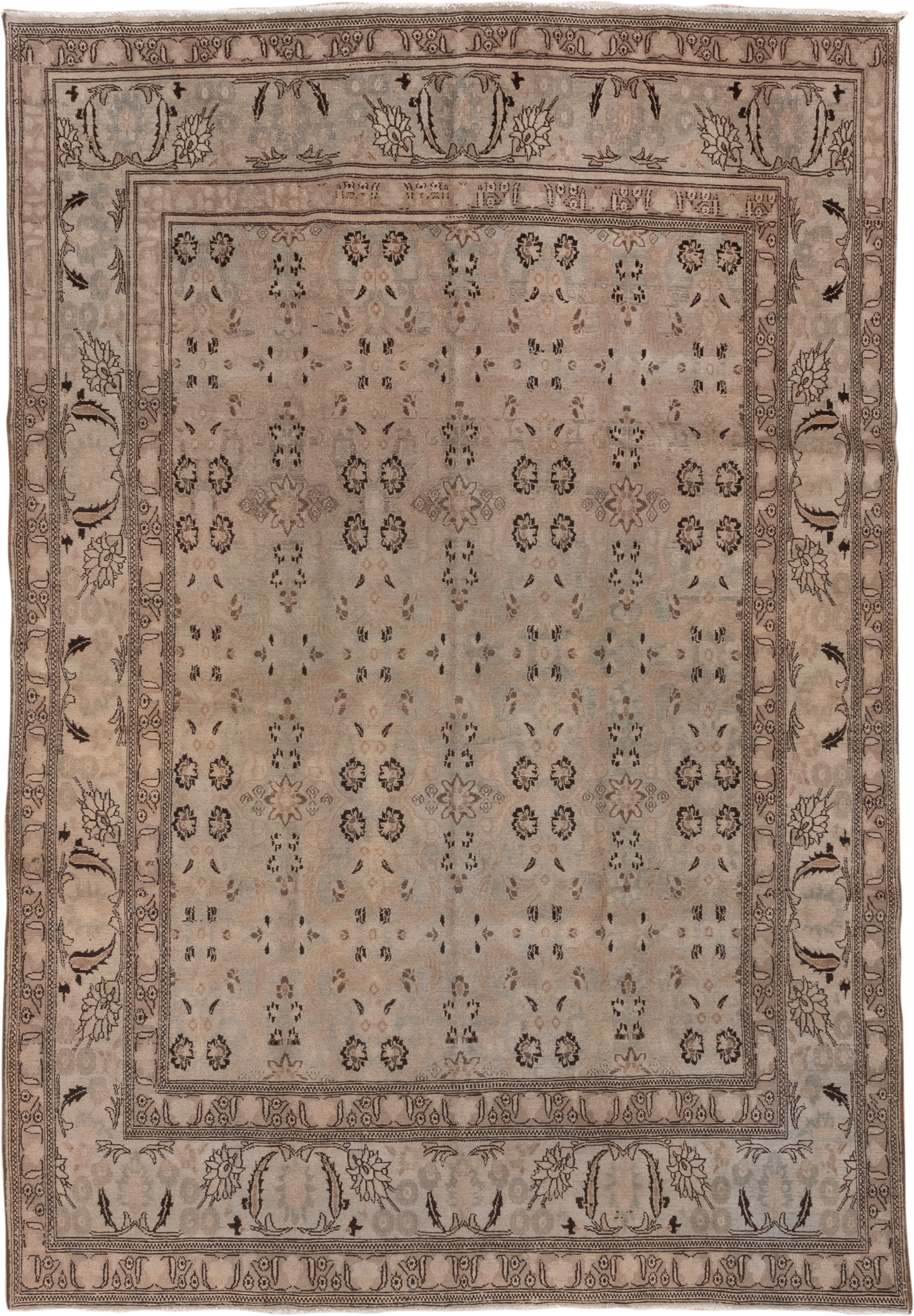 6' x 9' one-of-a-kind handmade vintage Khorassan medium size rug. Color palette: taupe, beige, brown, ivory, camel, charcoal