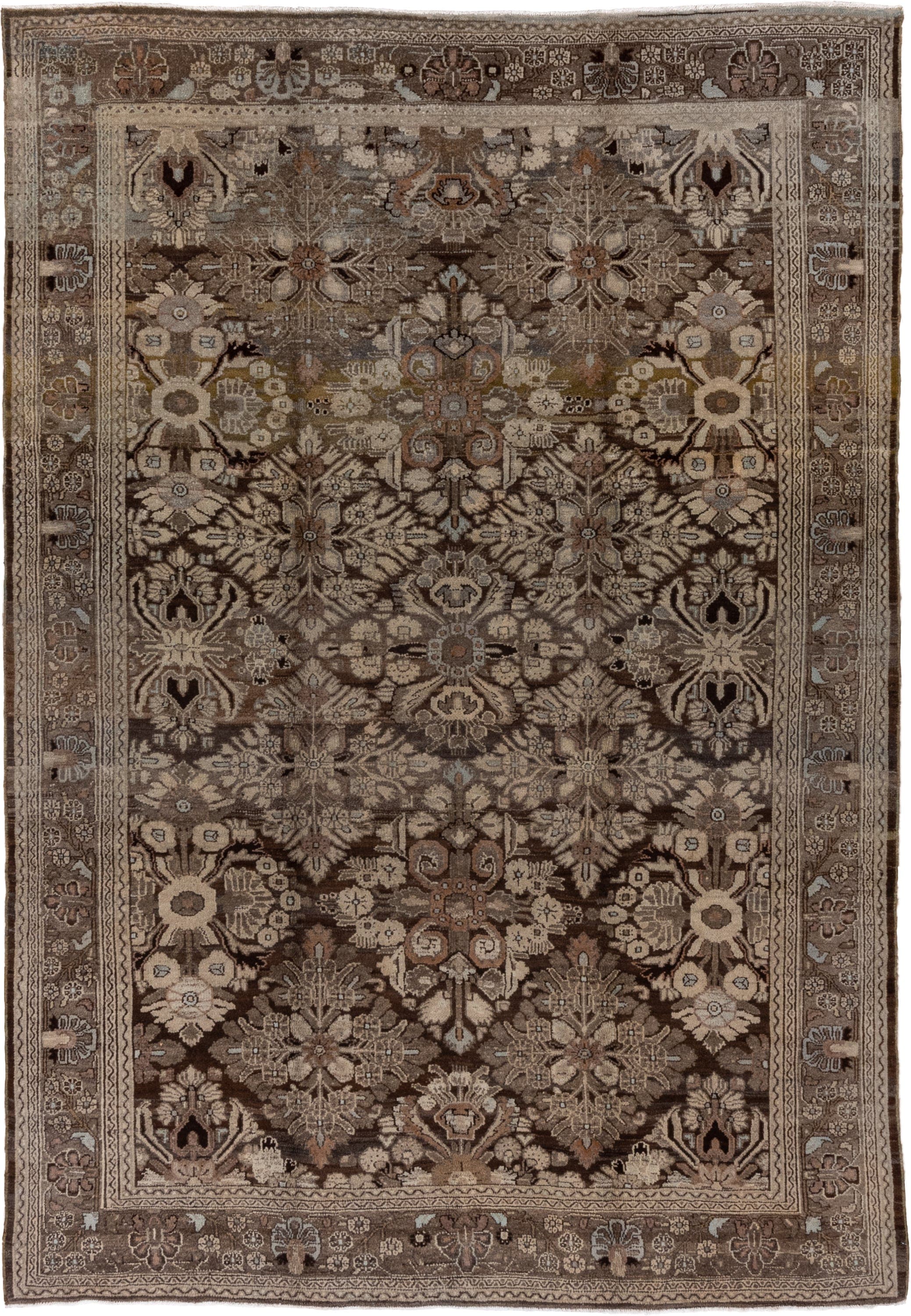 7' x 10' one-of-a-kind handmade vintage Malayer large size rug. Color palette: taupe, brown, ivory, charcoal, camel, sage