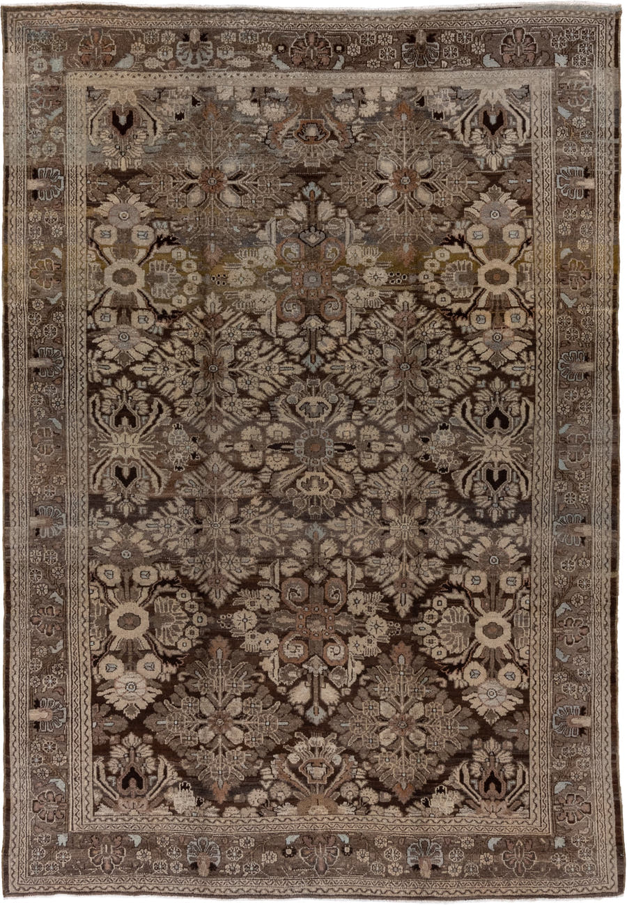 7' x 10' one-of-a-kind handmade vintage Malayer large size rug. Color palette: taupe, brown, ivory, charcoal, camel, sage