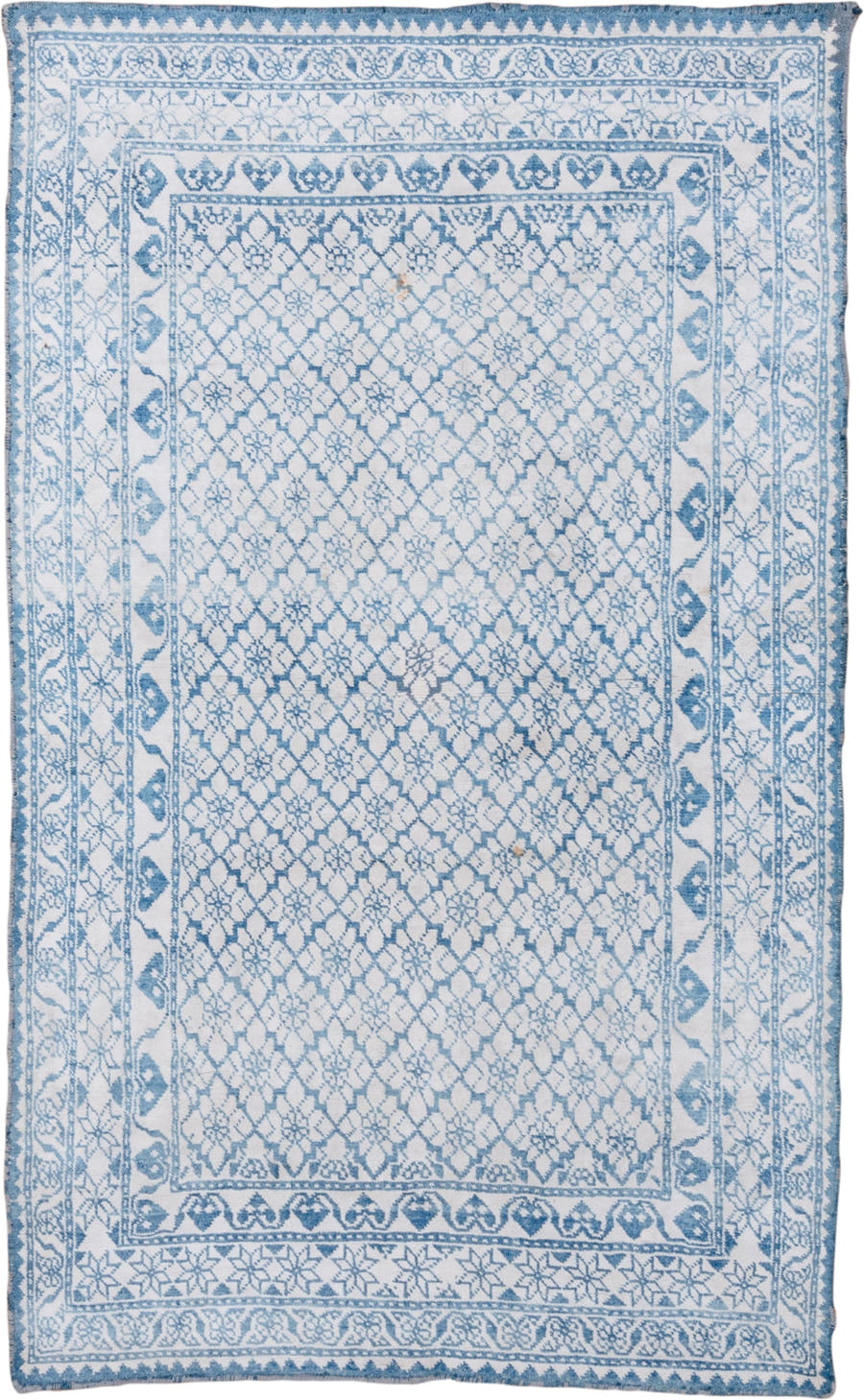 4' x 6' one-of-a-kind handmade vintage Agra small size rug. Color palette: ivory, sky blue, powder blue, light blue
