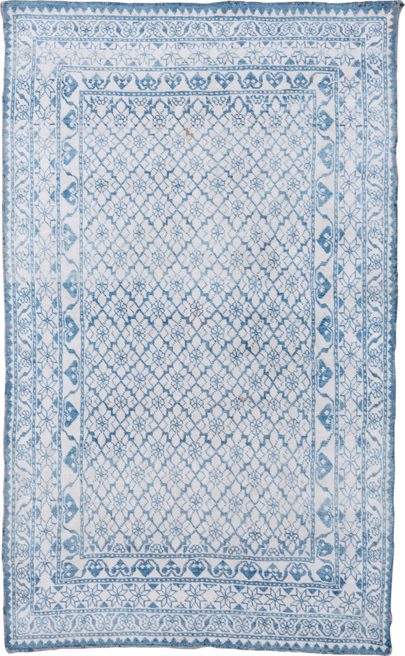 4' x 6' one-of-a-kind handmade vintage Agra small size rug. Color palette: ivory, sky blue, powder blue, light blue