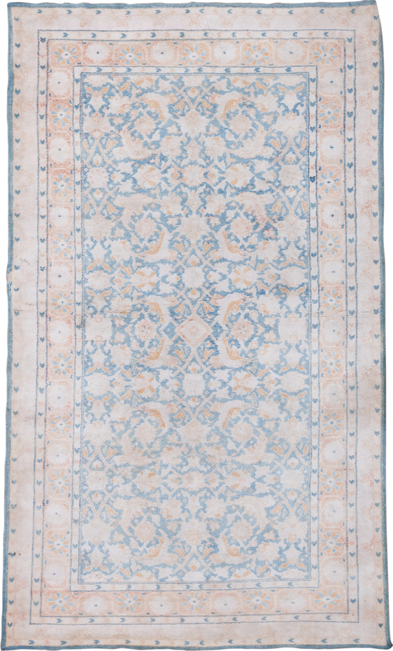 4' x 6' one-of-a-kind handmade vintage Agra small size rug. Color palette: ivory, powder_blue, blush, peach, sky_blue