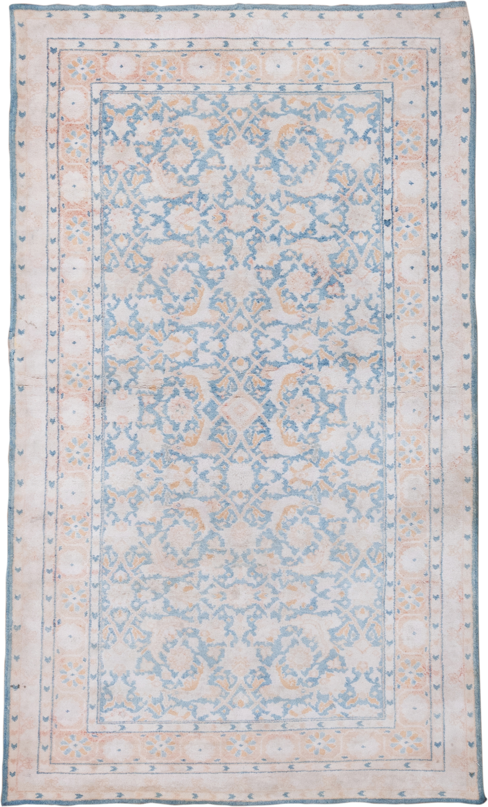 4' x 6' one-of-a-kind handmade vintage Agra small size rug. Color palette: ivory, powder_blue, blush, peach, sky_blue
