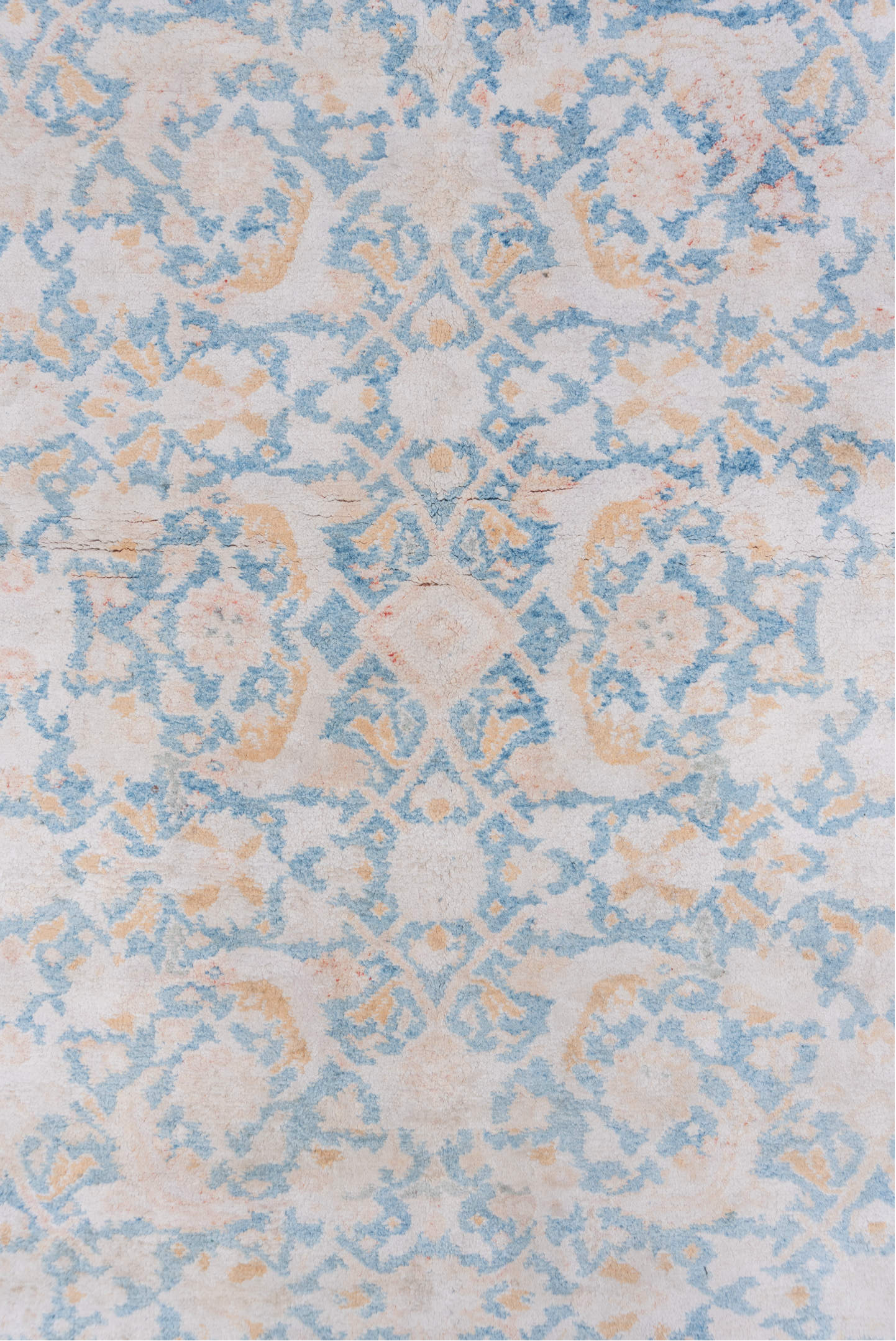 4' x 6' one-of-a-kind handmade vintage Agra small size rug. Color palette: ivory, powder_blue, blush, peach, sky_blue