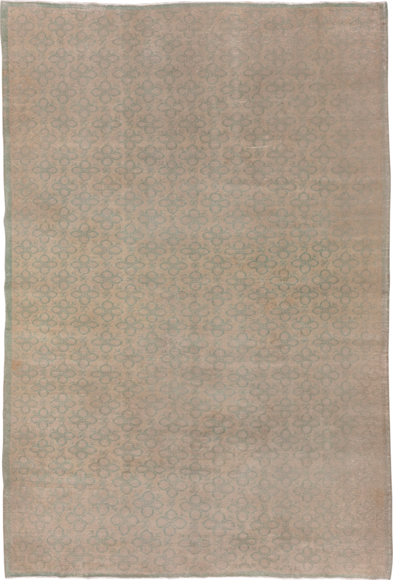 6' x 9' one-of-a-kind handmade vintage Oushak medium size rug. Color palette: beige, sage, taupe, ivory, green, gray