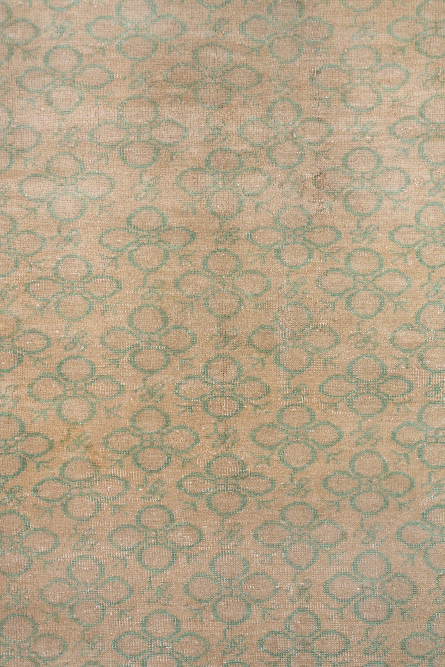 6' x 9' one-of-a-kind handmade vintage Oushak medium size rug. Color palette: beige, sage, taupe, ivory, green, gray