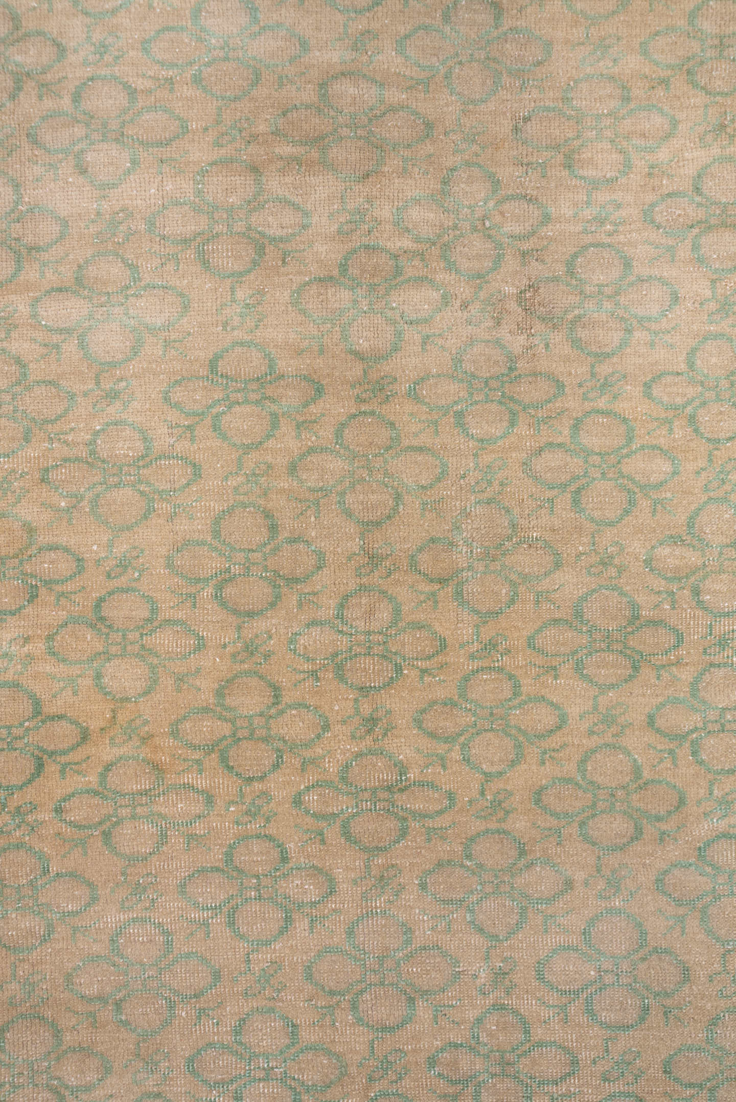 6' x 9' one-of-a-kind handmade vintage Oushak medium size rug. Color palette: beige, sage, taupe, ivory, green, gray