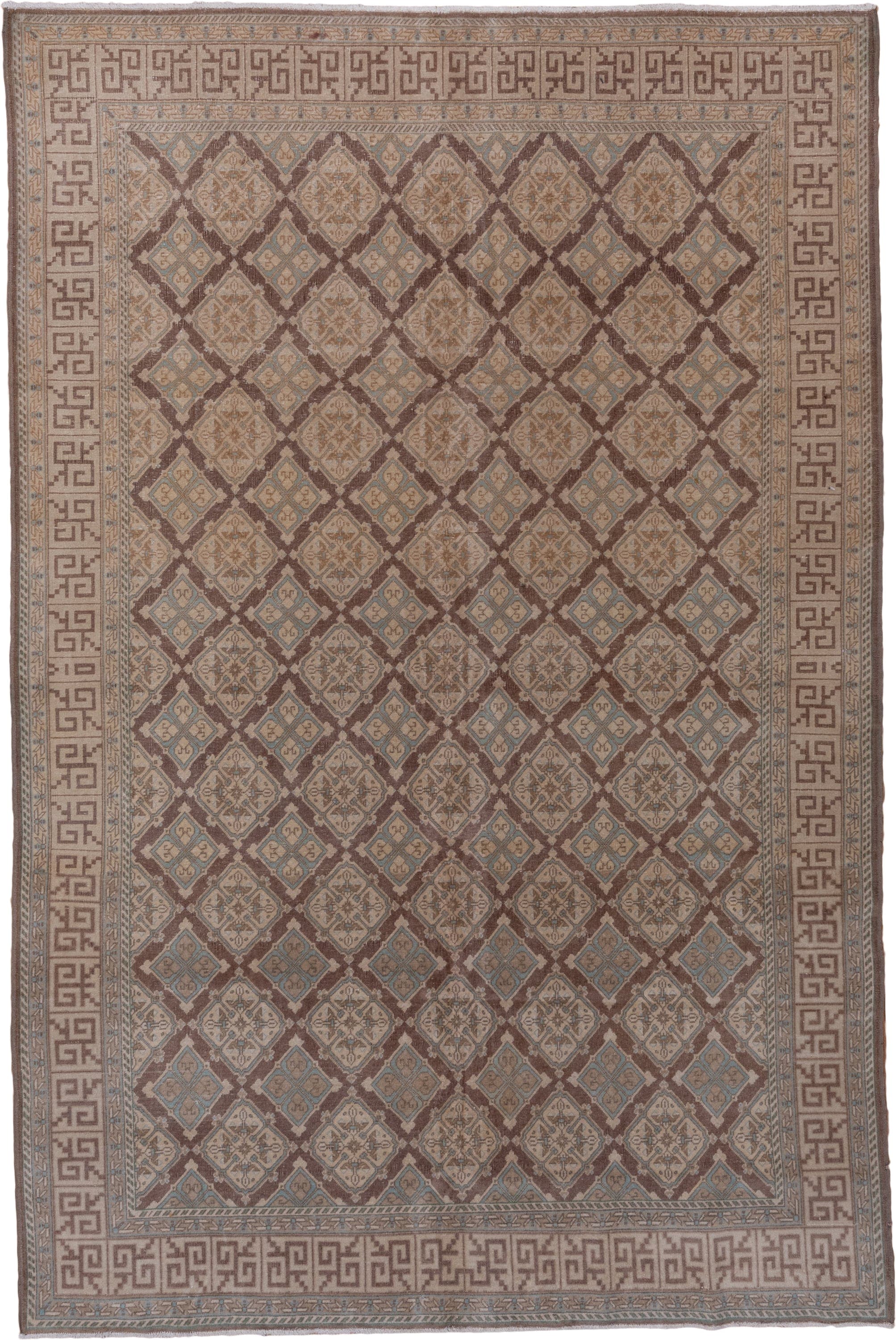 5' x 8' one-of-a-kind handmade vintage Sivas medium size rug. Color palette: taupe, camel, brown, dusty blue, ivory, rose