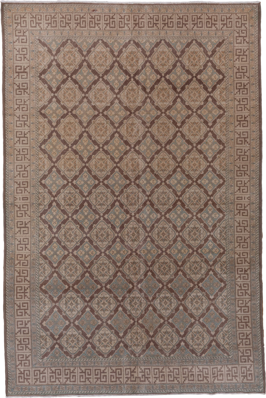 5' x 8' one-of-a-kind handmade vintage Sivas medium size rug. Color palette: taupe, camel, brown, dusty blue, ivory, rose