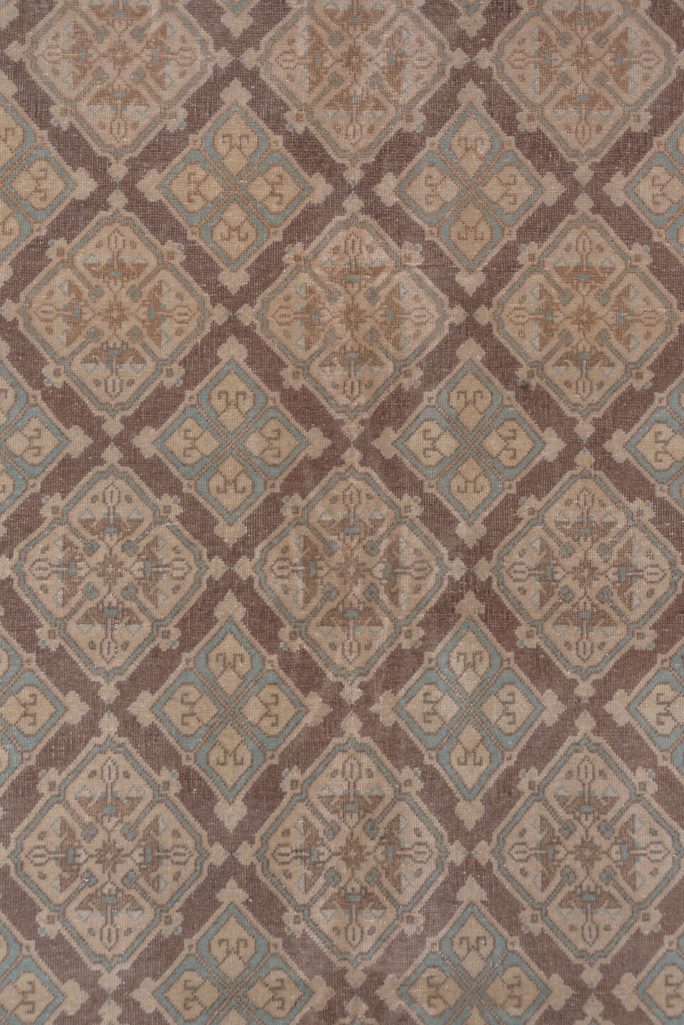 5' x 8' one-of-a-kind handmade vintage Sivas medium size rug. Color palette: taupe, camel, brown, dusty blue, ivory, rose