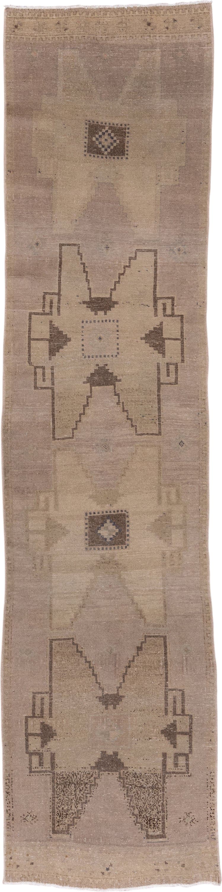 2' x 11' one-of-a-kind handmade vintage Oushak runner rug. Color palette: taupe, beige, brown, ivory, camel, gray