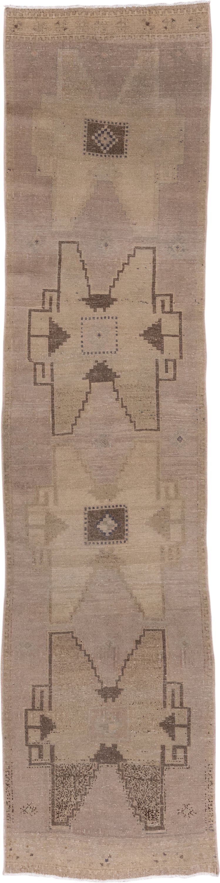 2' x 11' one-of-a-kind handmade vintage Oushak runner rug. Color palette: taupe, beige, brown, ivory, camel, gray