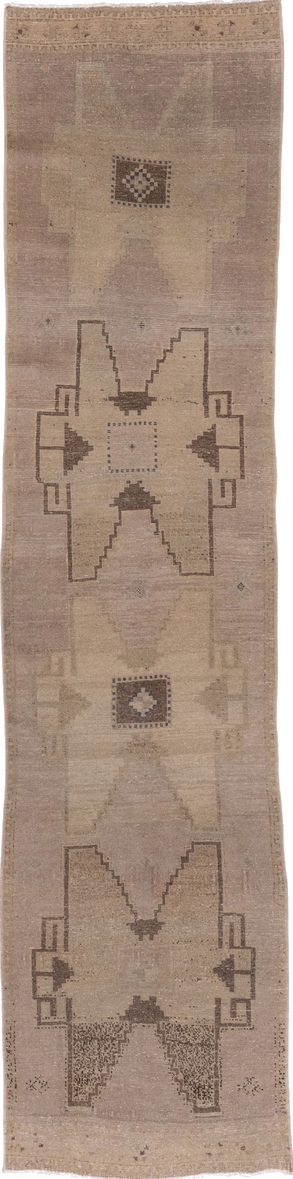 2' x 11' one-of-a-kind handmade vintage Oushak runner rug. Color palette: brown, gray, light gray, off-white, pink, snow