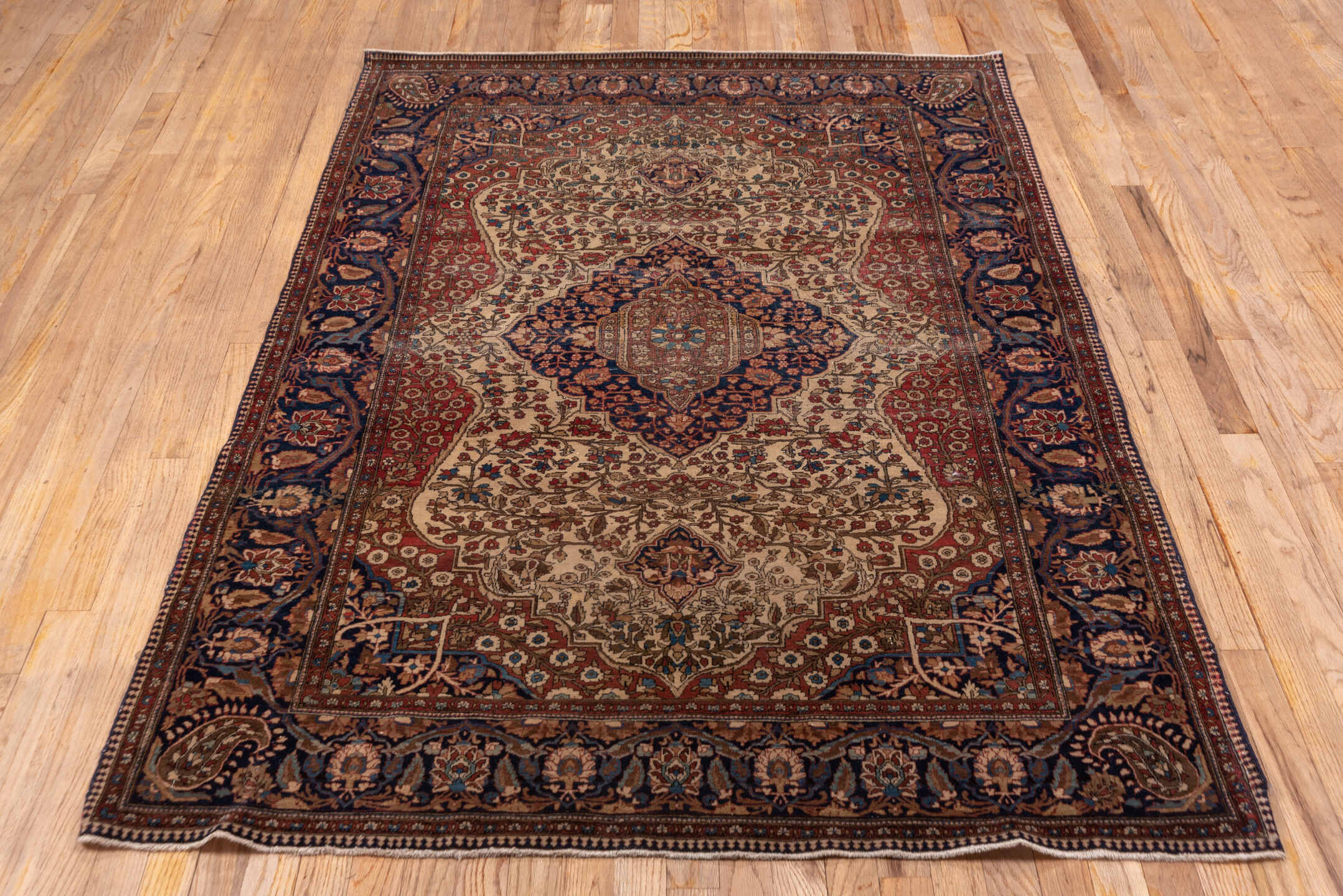 4' x 6' one-of-a-kind handmade antique Mohtasham Kashan small size rug. Color palette: ivory, navy, rust, brown, burgundy