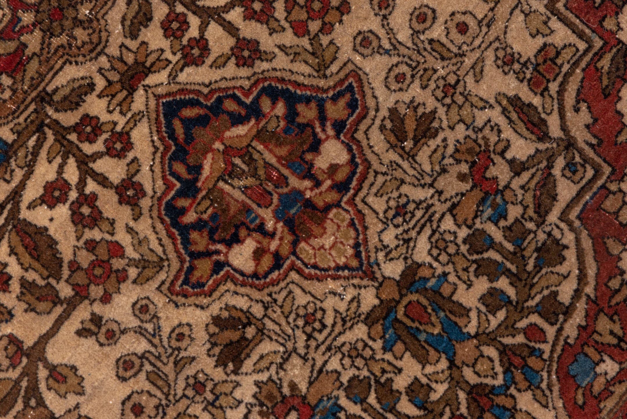 4' x 6' one-of-a-kind handmade antique Mohtasham Kashan small size rug. Color palette: ivory, navy, rust, brown, burgundy