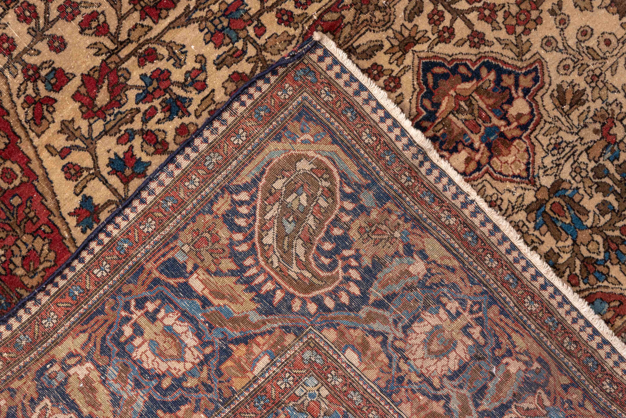 4' x 6' one-of-a-kind handmade antique Mohtasham Kashan small size rug. Color palette: ivory, navy, rust, brown, burgundy