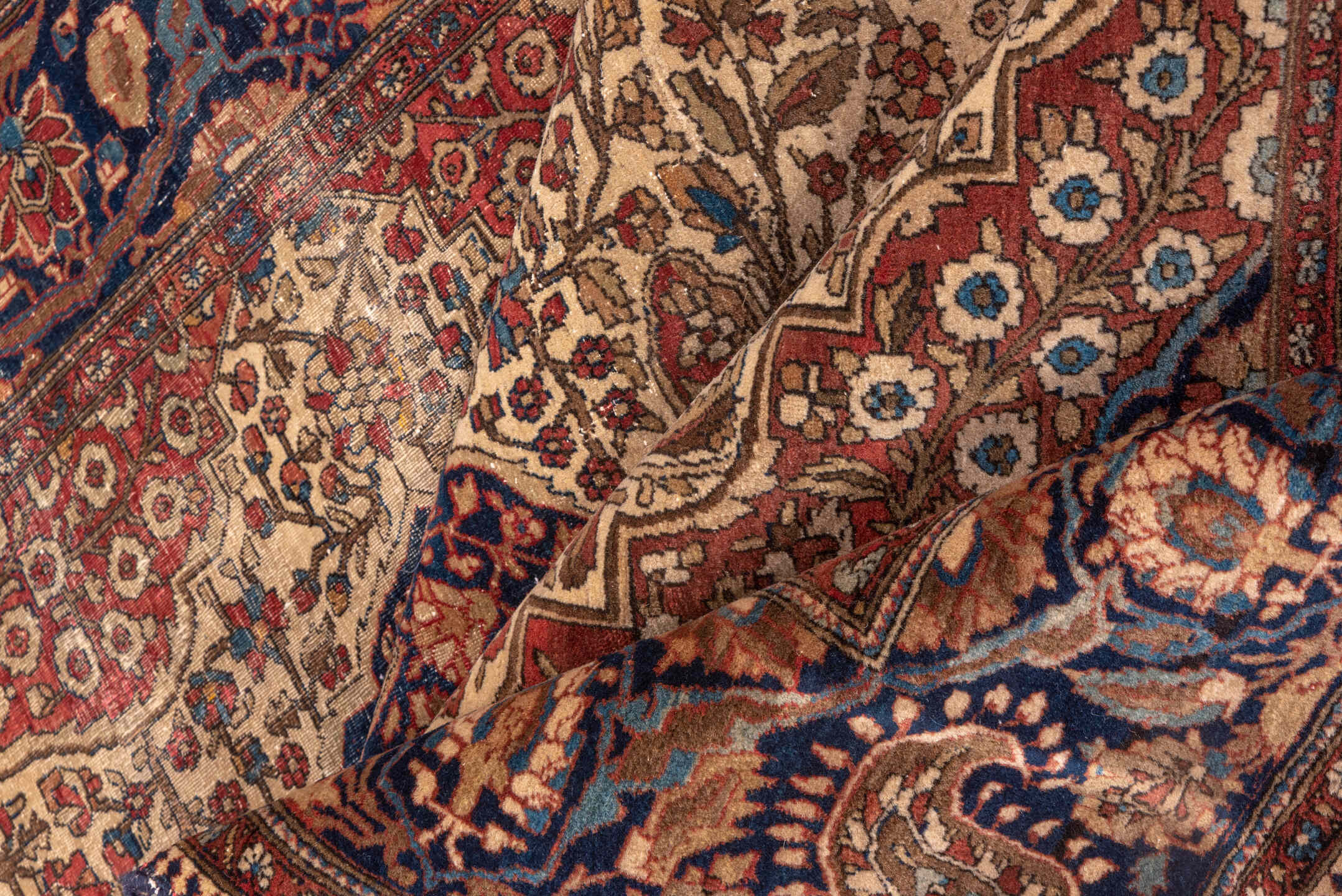 4' x 6' one-of-a-kind handmade antique Mohtasham Kashan small size rug. Color palette: ivory, navy, rust, brown, burgundy