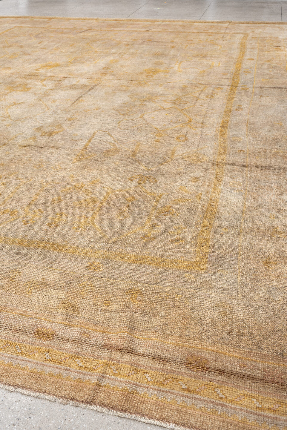 12' x 16' one-of-a-kind handmade antique Oushak oversize rug. Color palette: ivory, sand, gold, beige, taupe, pale sage