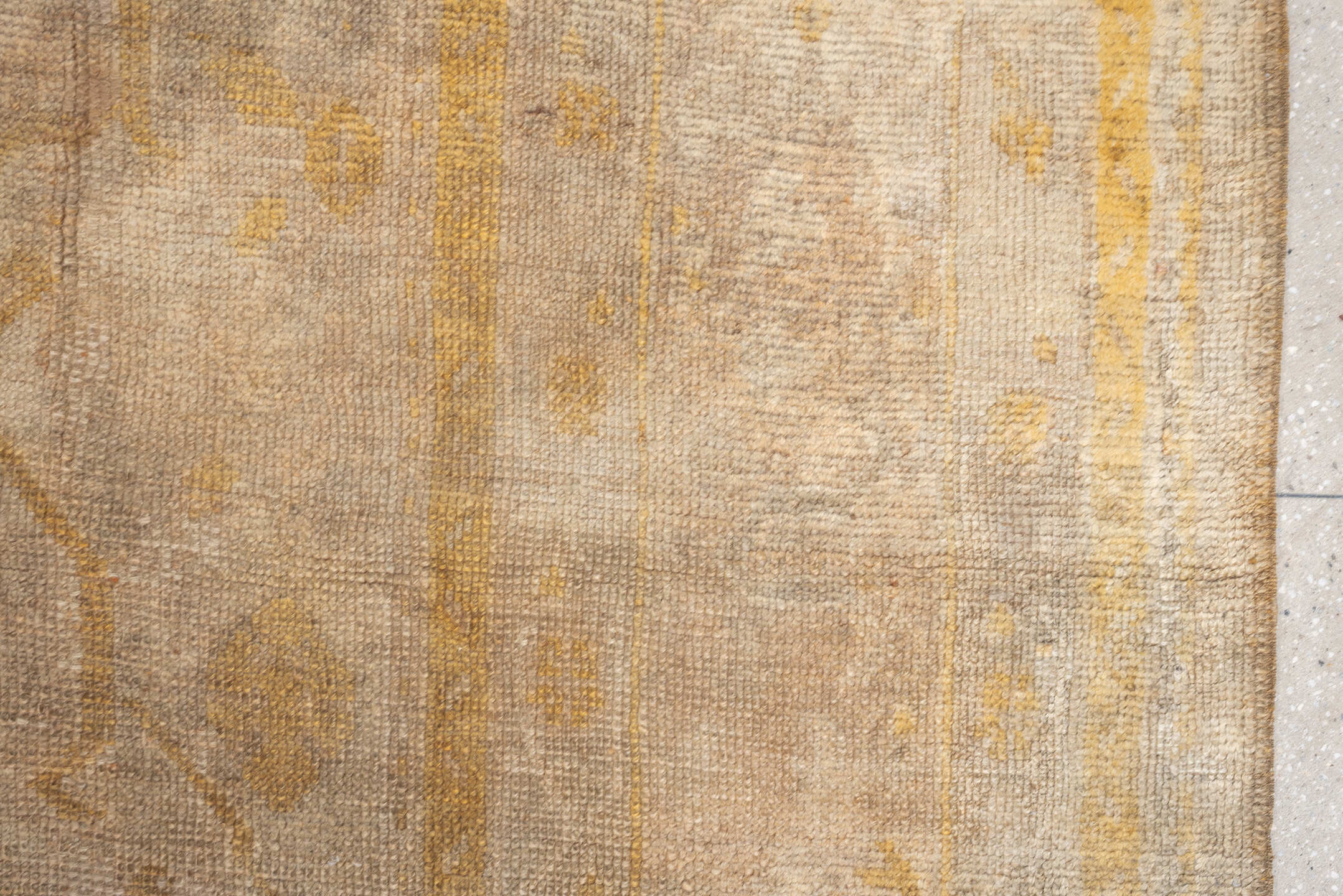 12' x 16' one-of-a-kind handmade antique Oushak oversize rug. Color palette: ivory, sand, gold, beige, taupe, pale sage