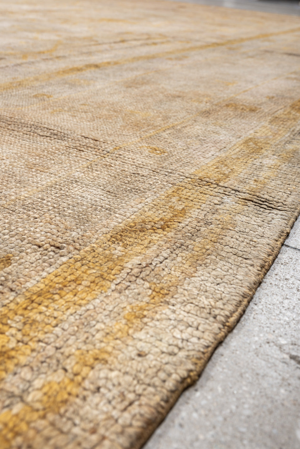 12' x 16' one-of-a-kind handmade antique Oushak oversize rug. Color palette: ivory, sand, gold, beige, taupe, pale sage