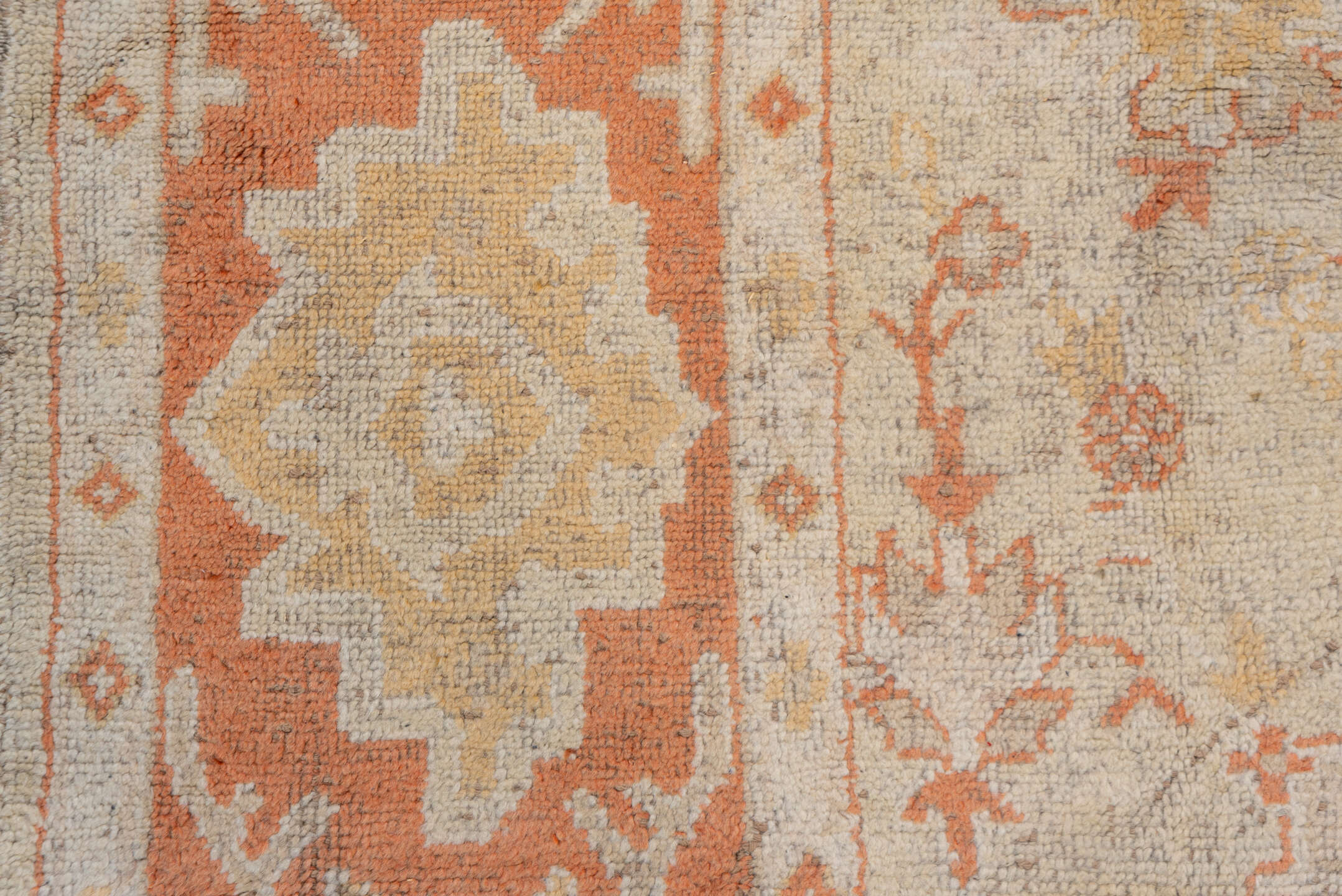 9' x 13' one-of-a-kind handmade antique Oushak large size rug. Color palette: ivory, terra cotta, cream, peach, beige