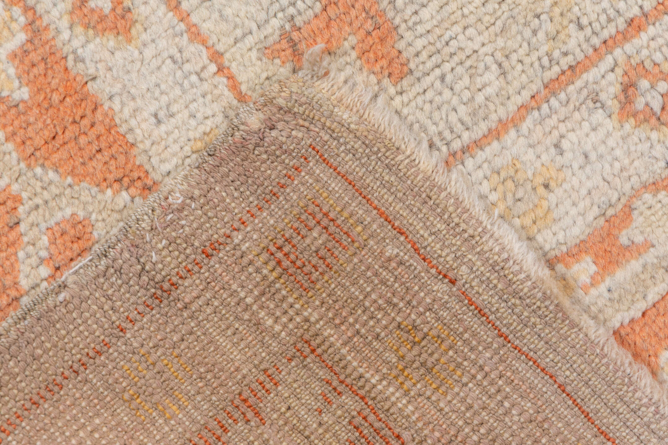 9' x 13' one-of-a-kind handmade antique Oushak large size rug. Color palette: ivory, terra cotta, cream, peach, beige